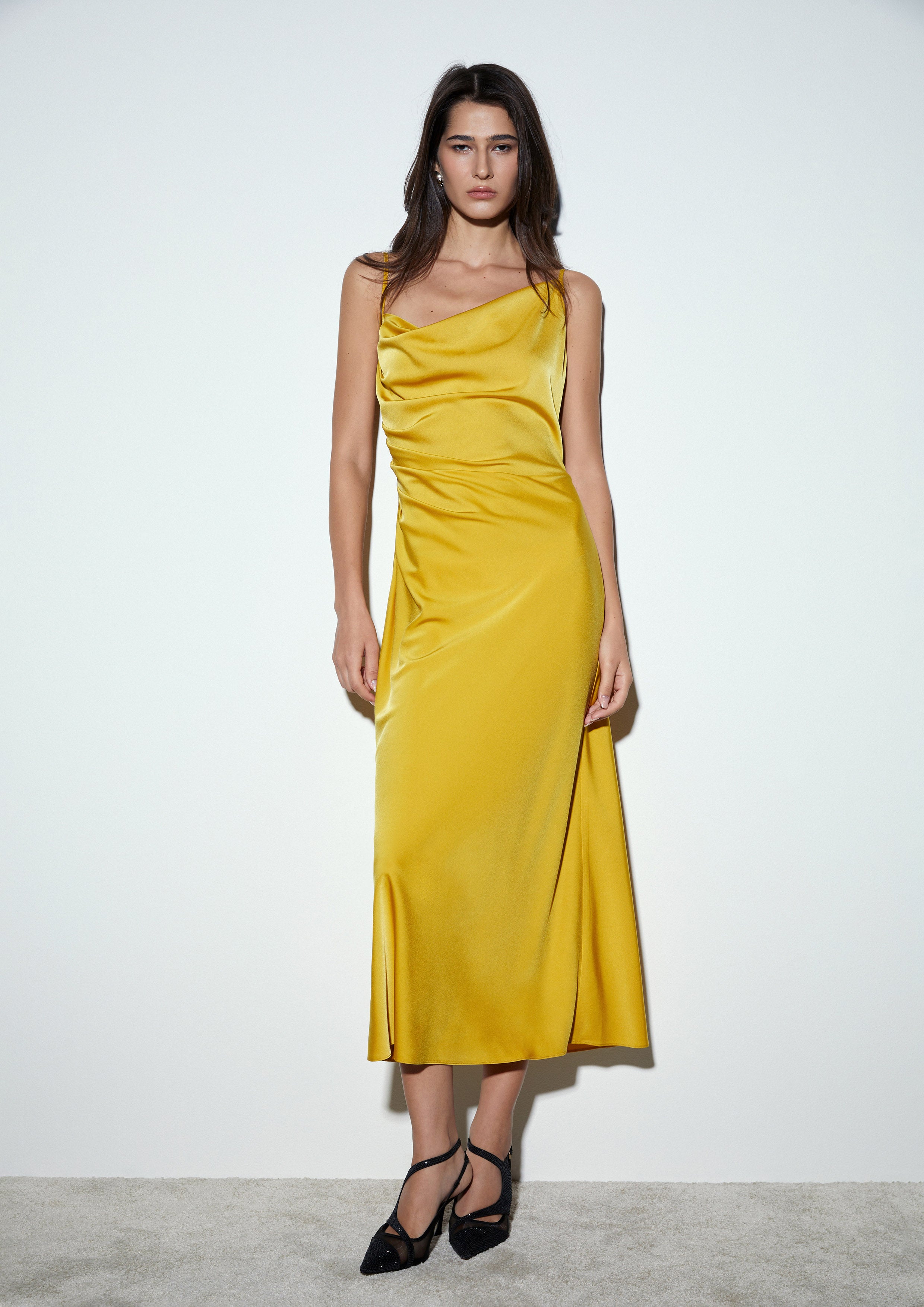 Draped Cowl Satin Midi Slip Dress