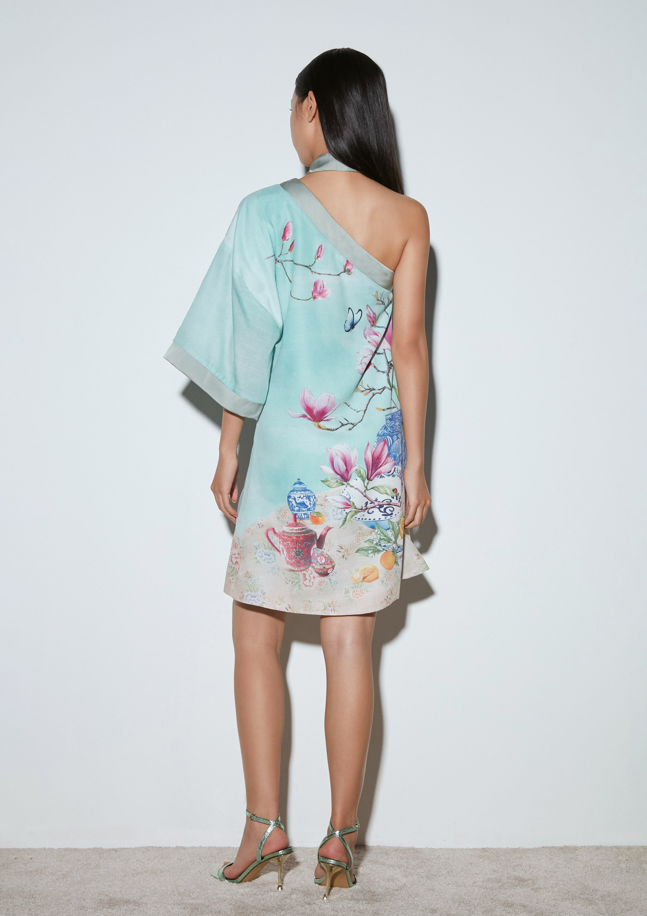 Porcelain and Botanical Charm Print Asymmetric Dress