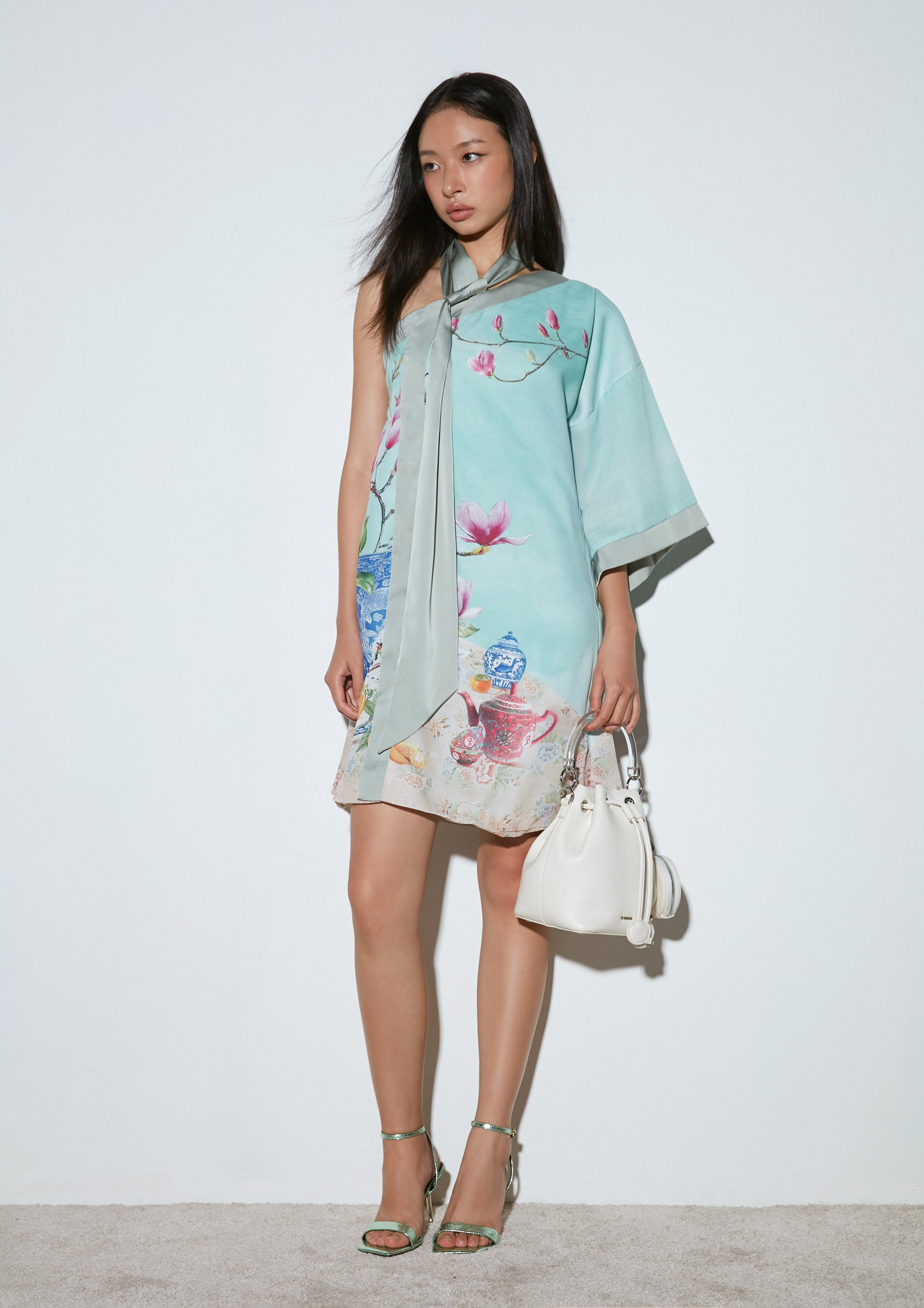 Porcelain and Botanical Charm Print Asymmetric Dress