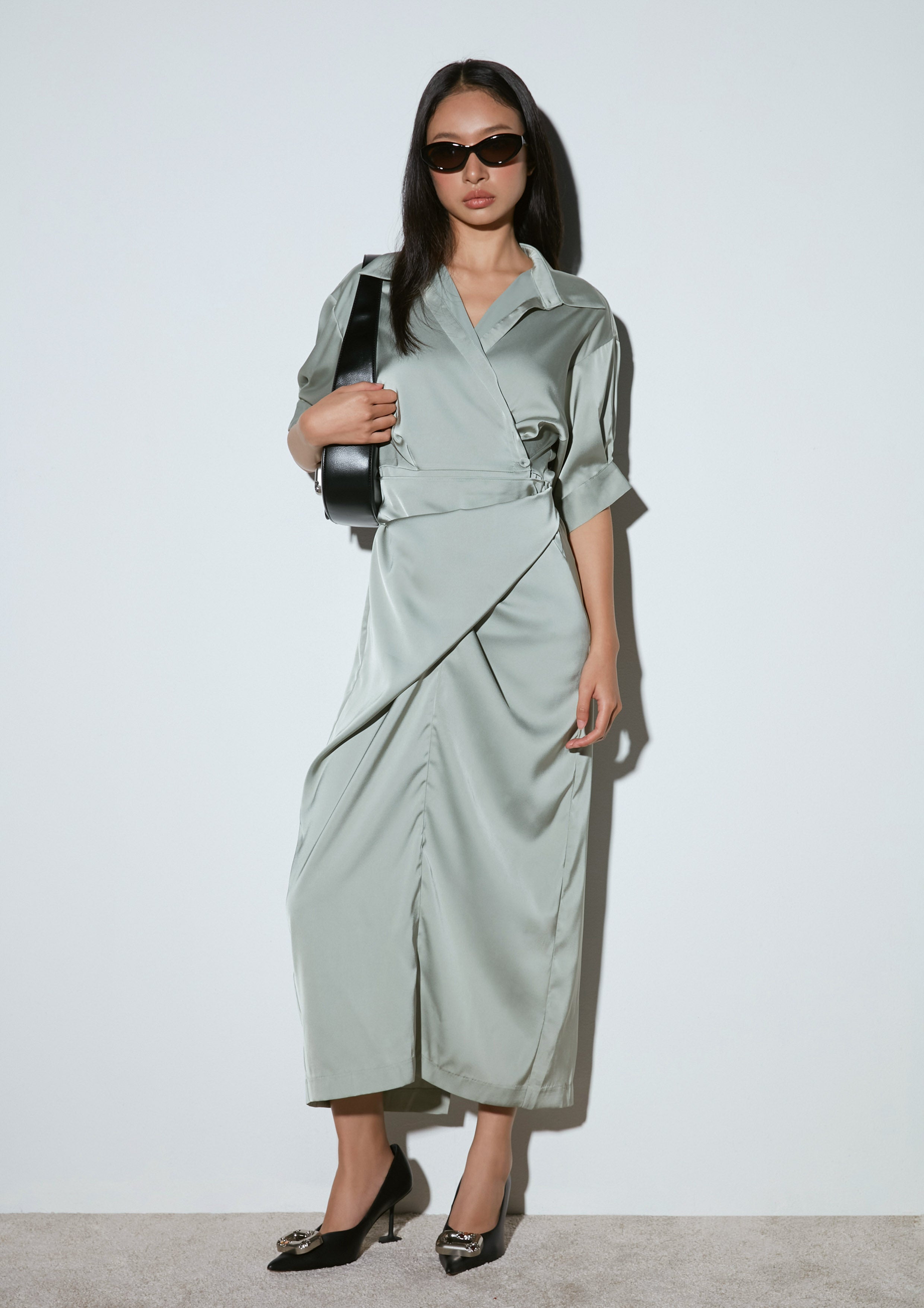 Short Sleeve Draped Maxi Shirt Dress