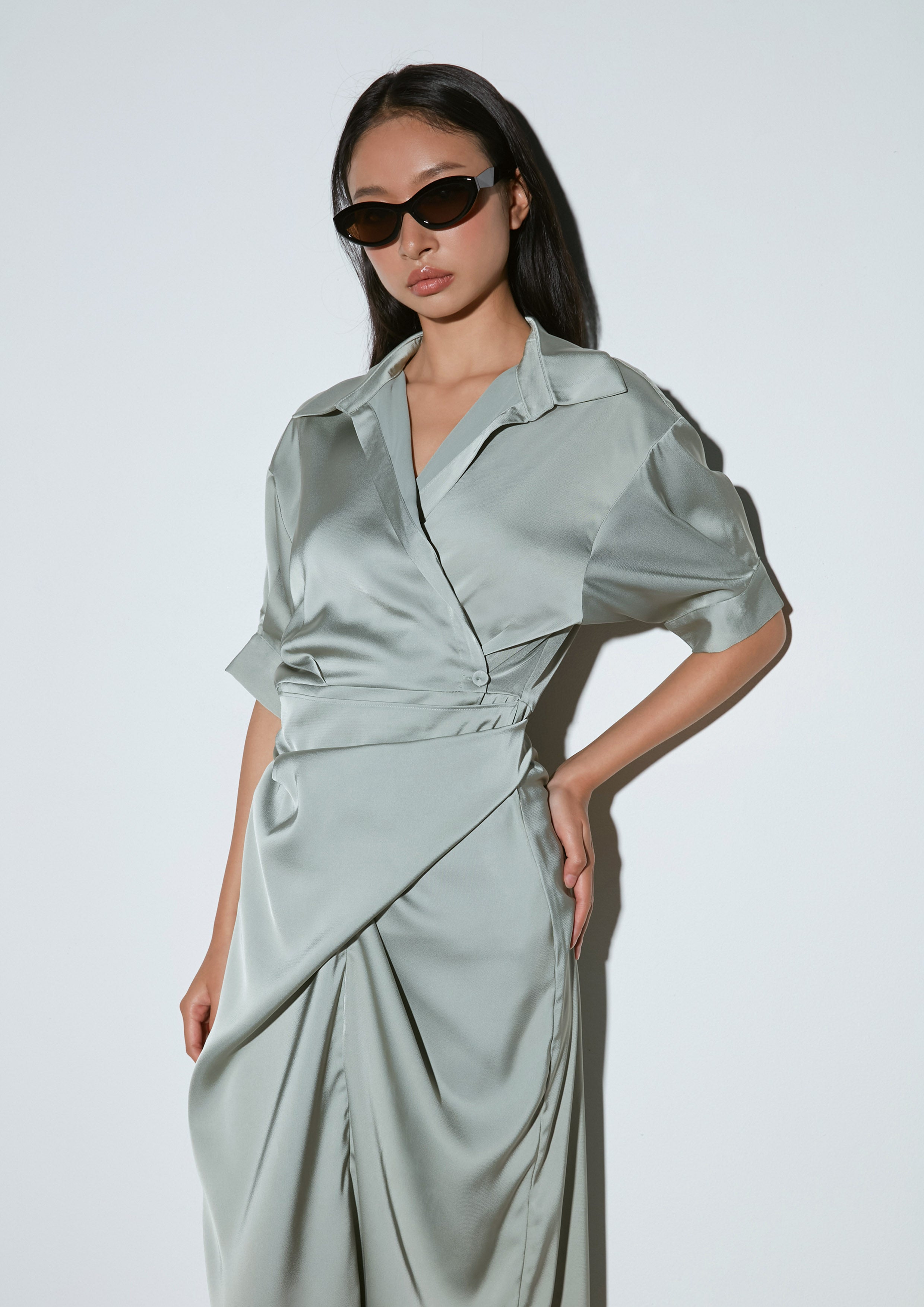 Short Sleeve Draped Maxi Shirt Dress