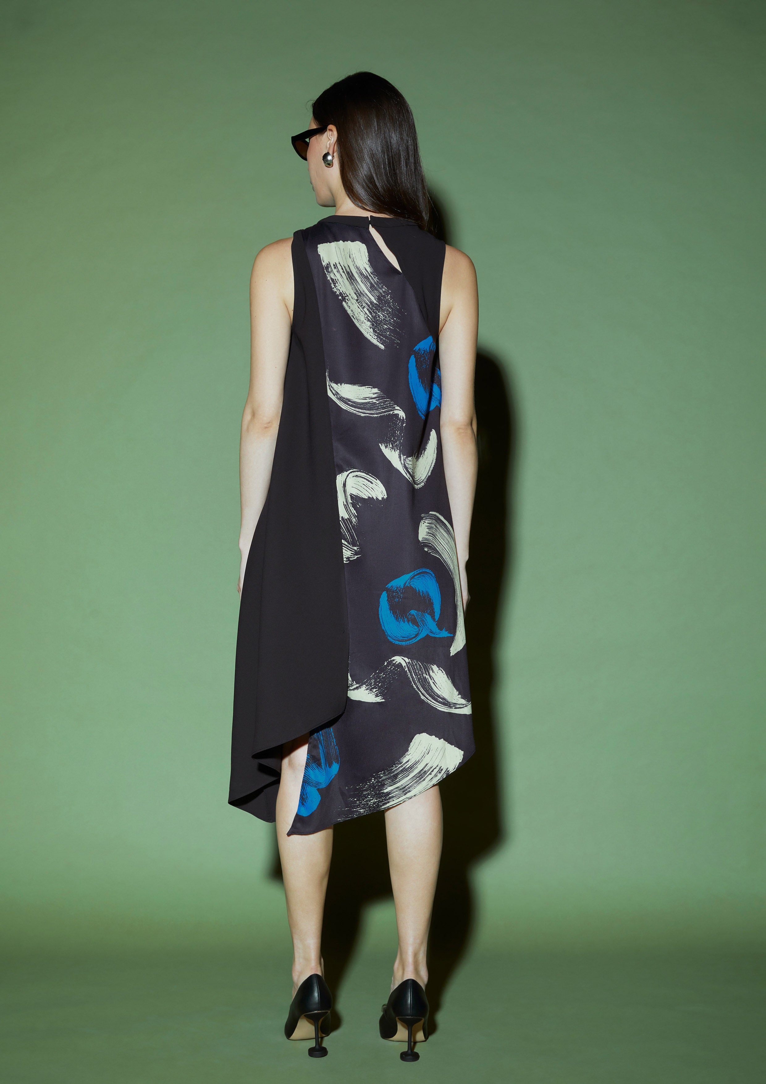 Brushstroke Print Asymmetric Midi Dress