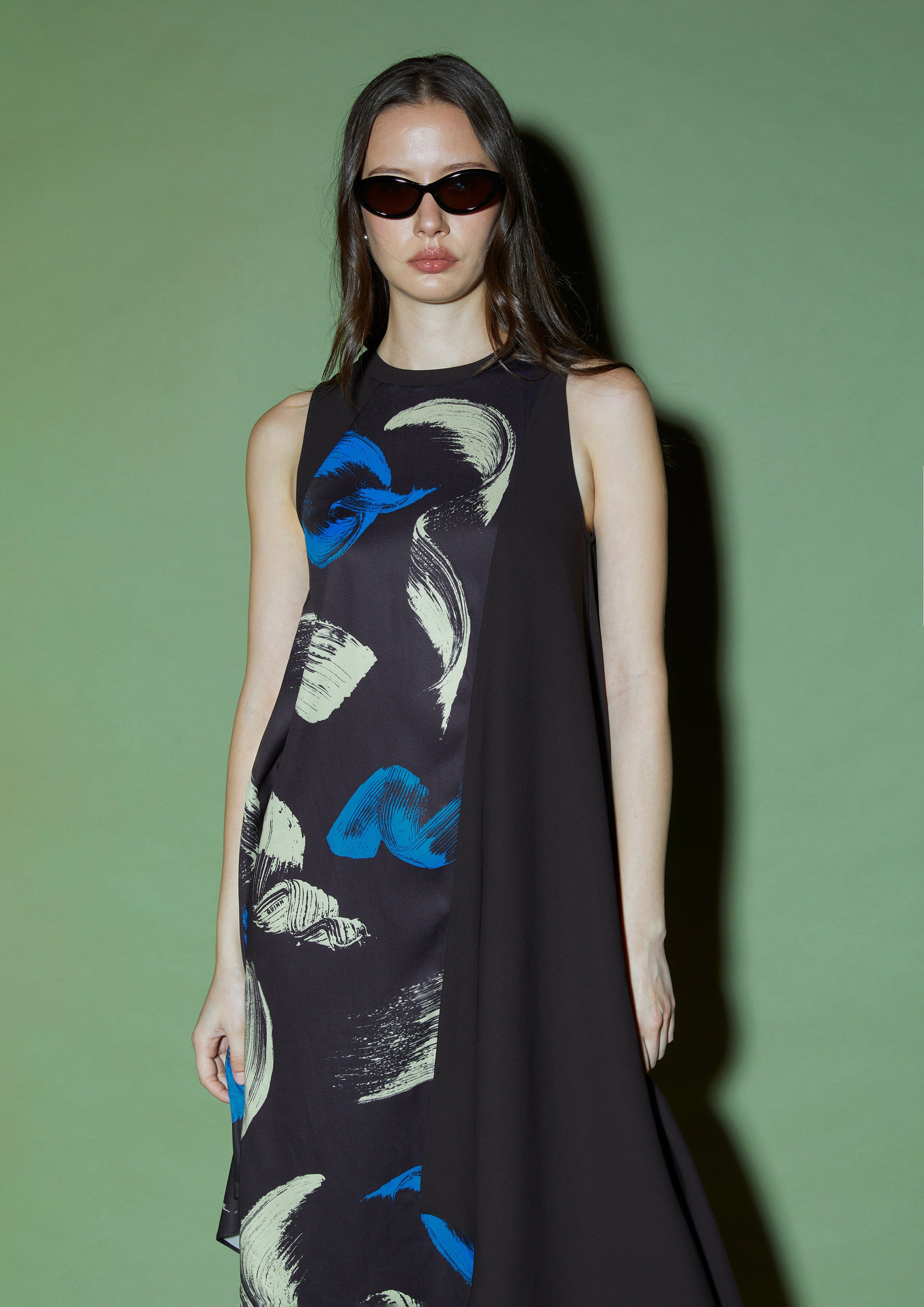 Brushstroke Print Asymmetric Midi Dress