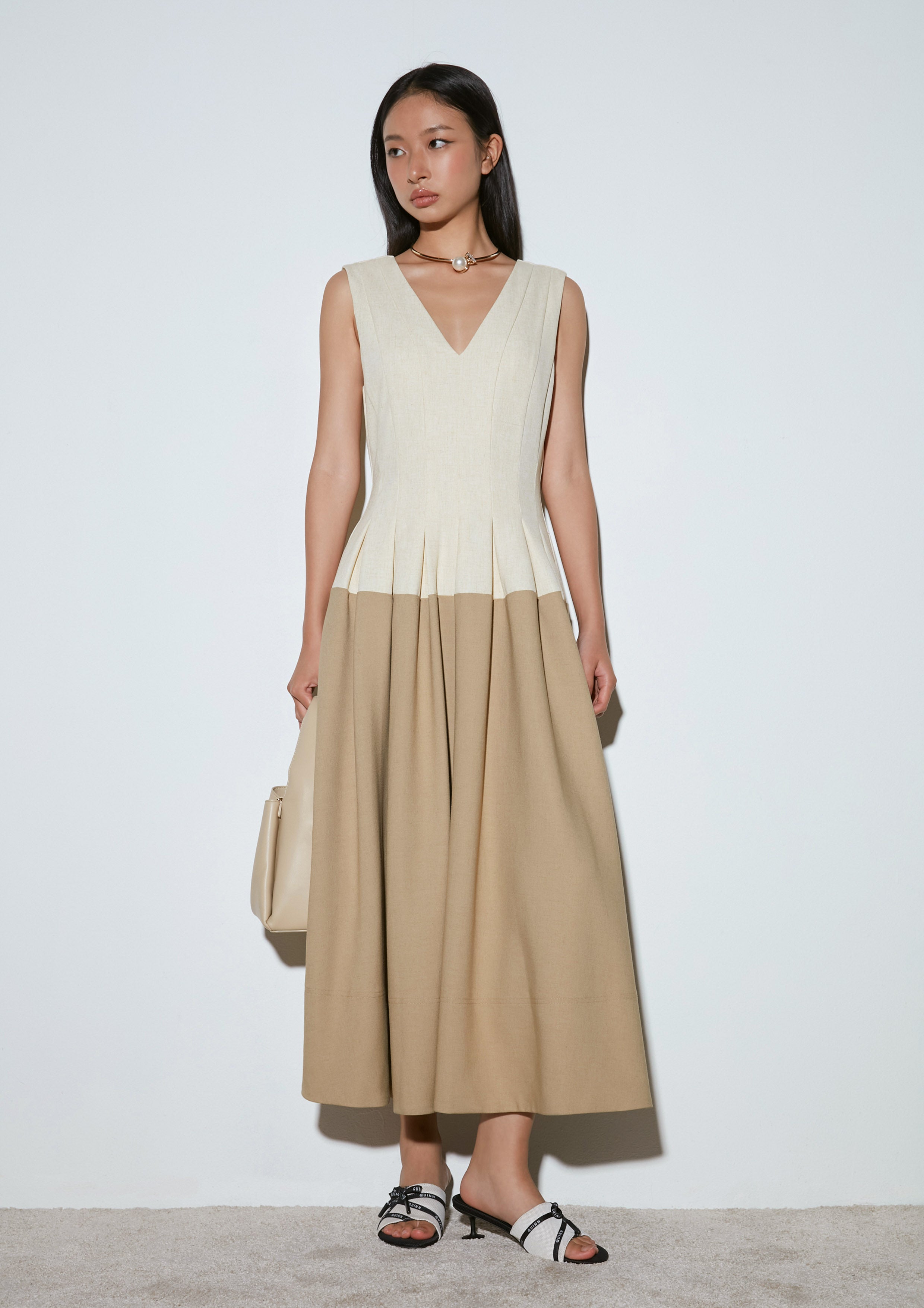 Two-Tone Pleated Midi Dress