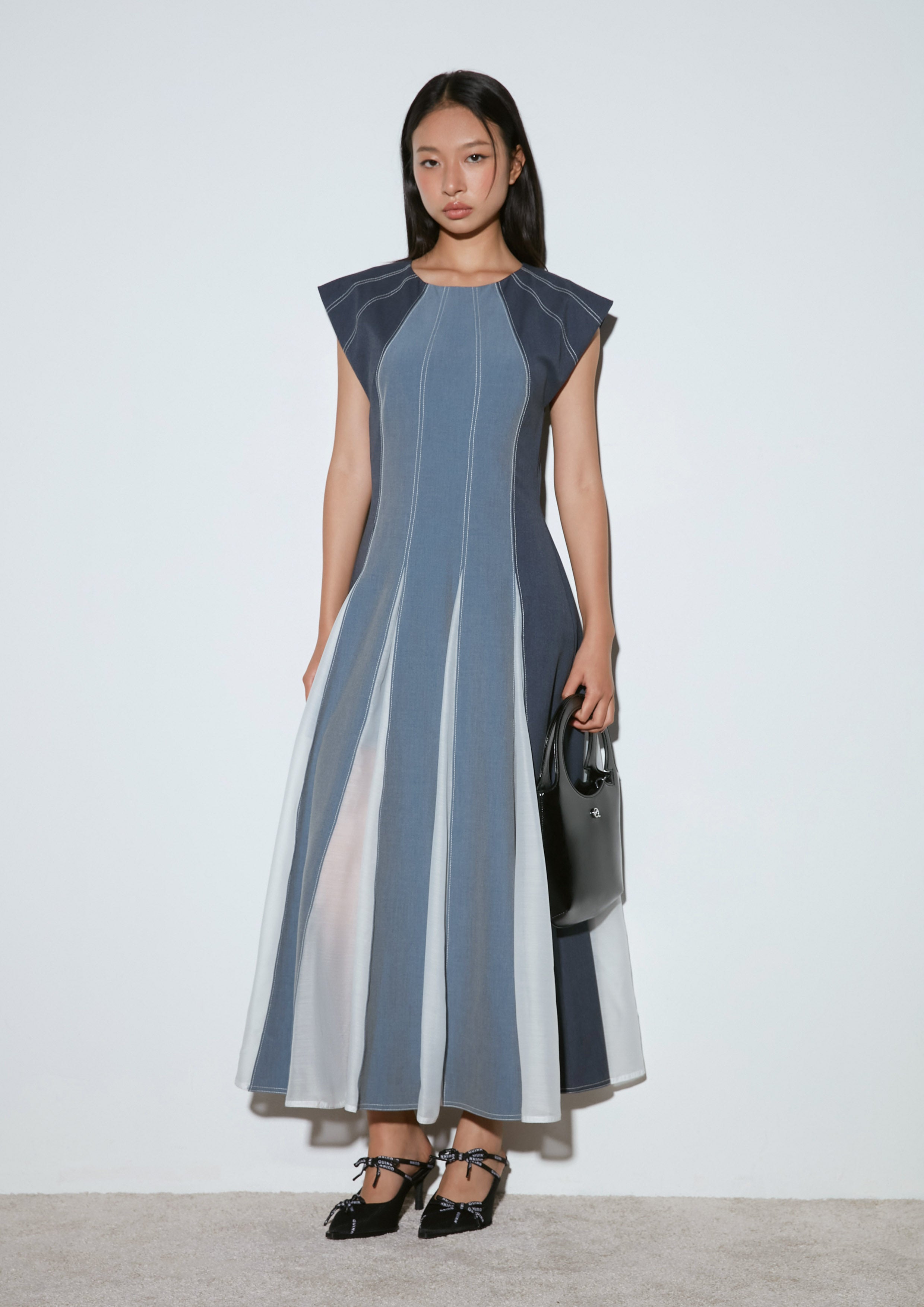 Paneled Denim Midi Dress