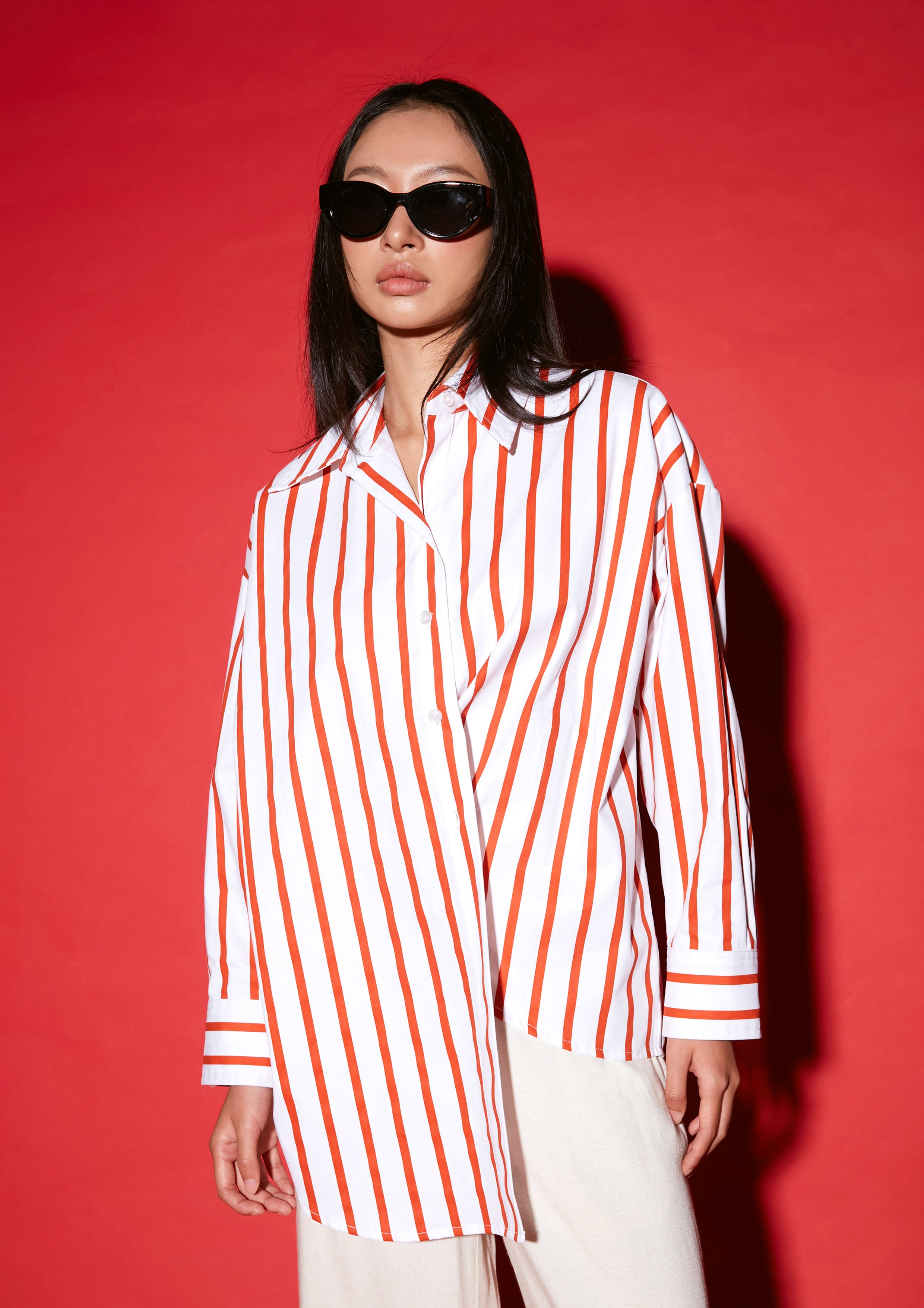 Oversized Stripe Asymmetric Hem Long Sleeve Shirt