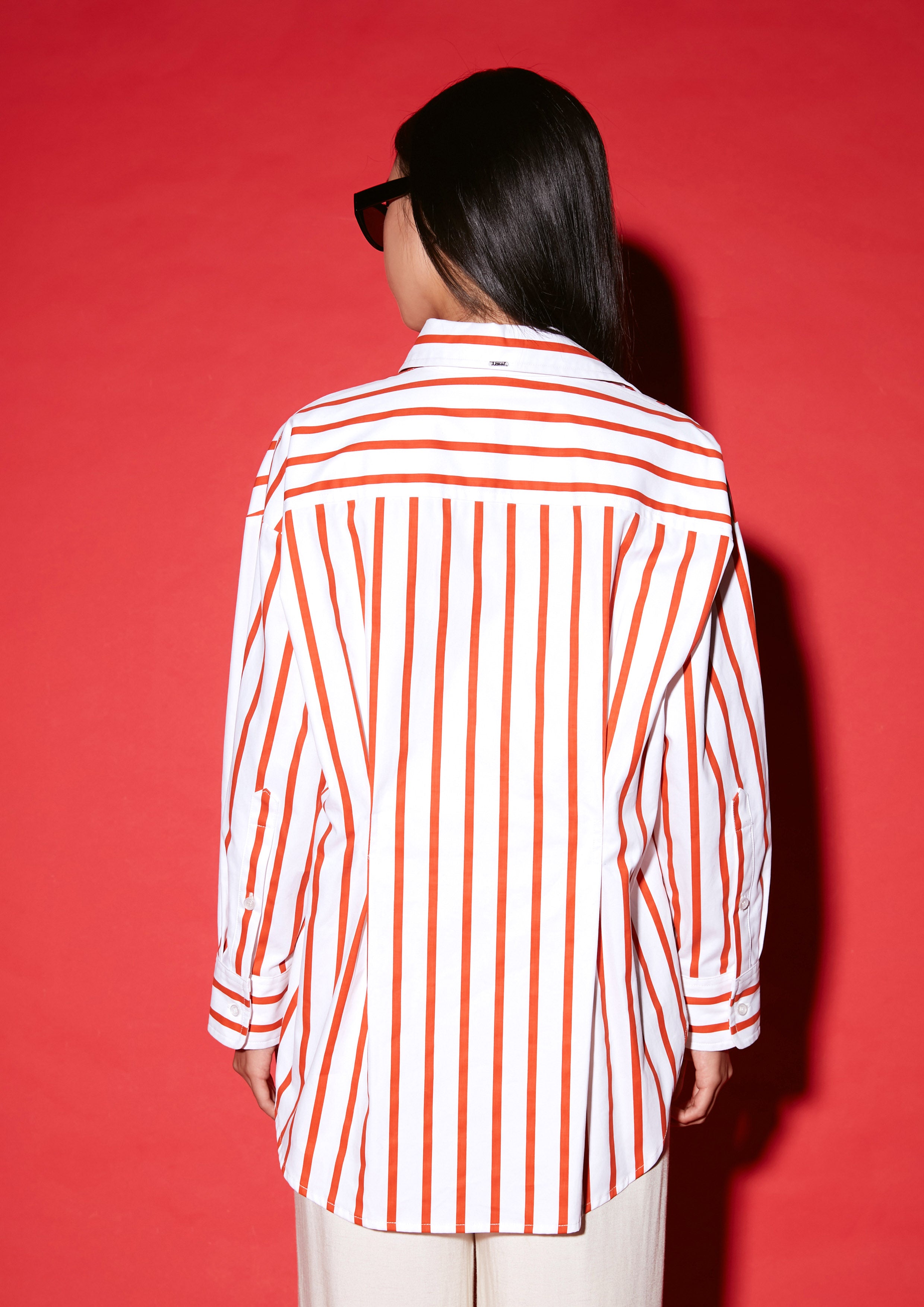 Oversized Stripe Asymmetric Hem Long Sleeve Shirt