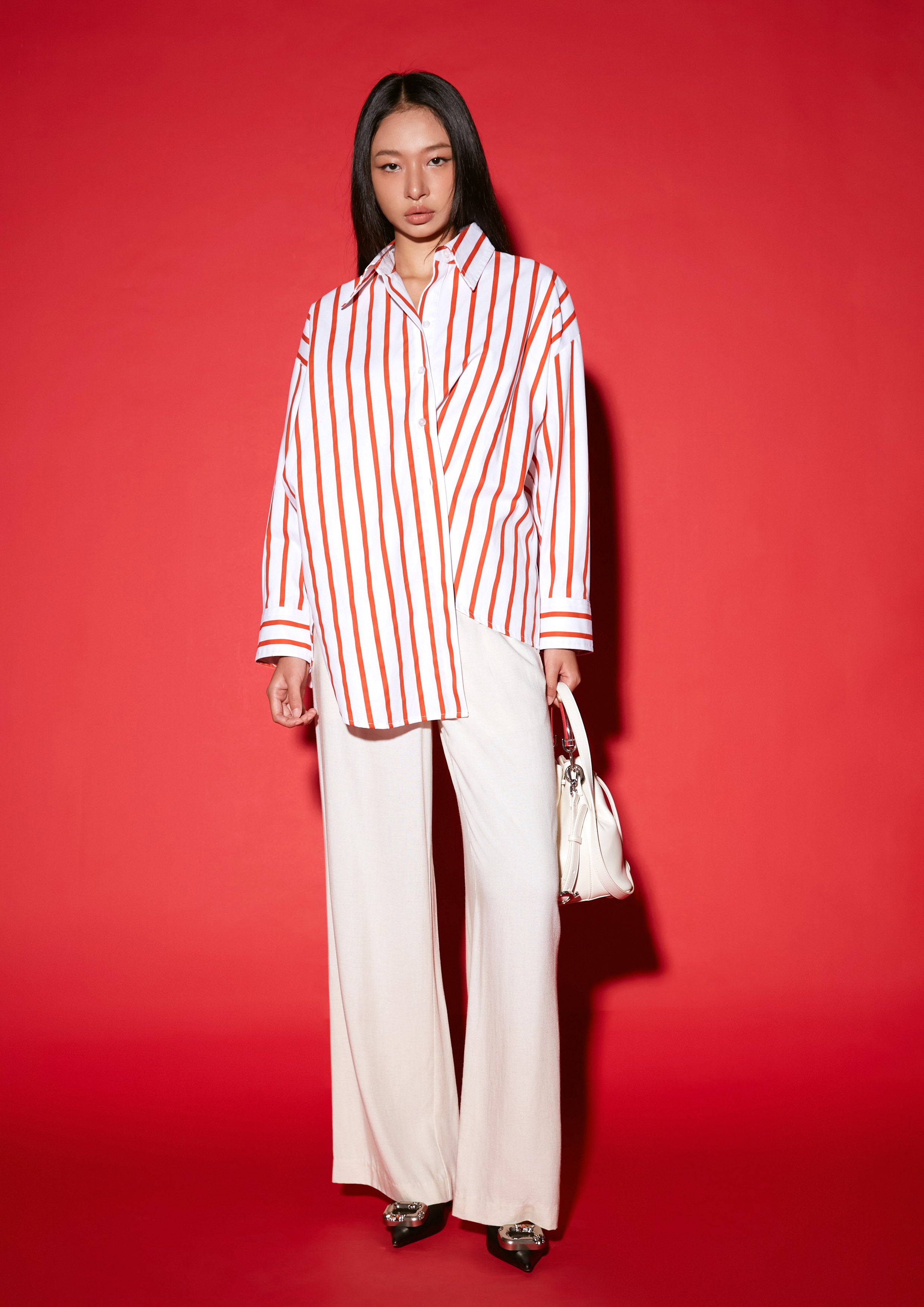 Oversized Stripe Asymmetric Hem Long Sleeve Shirt