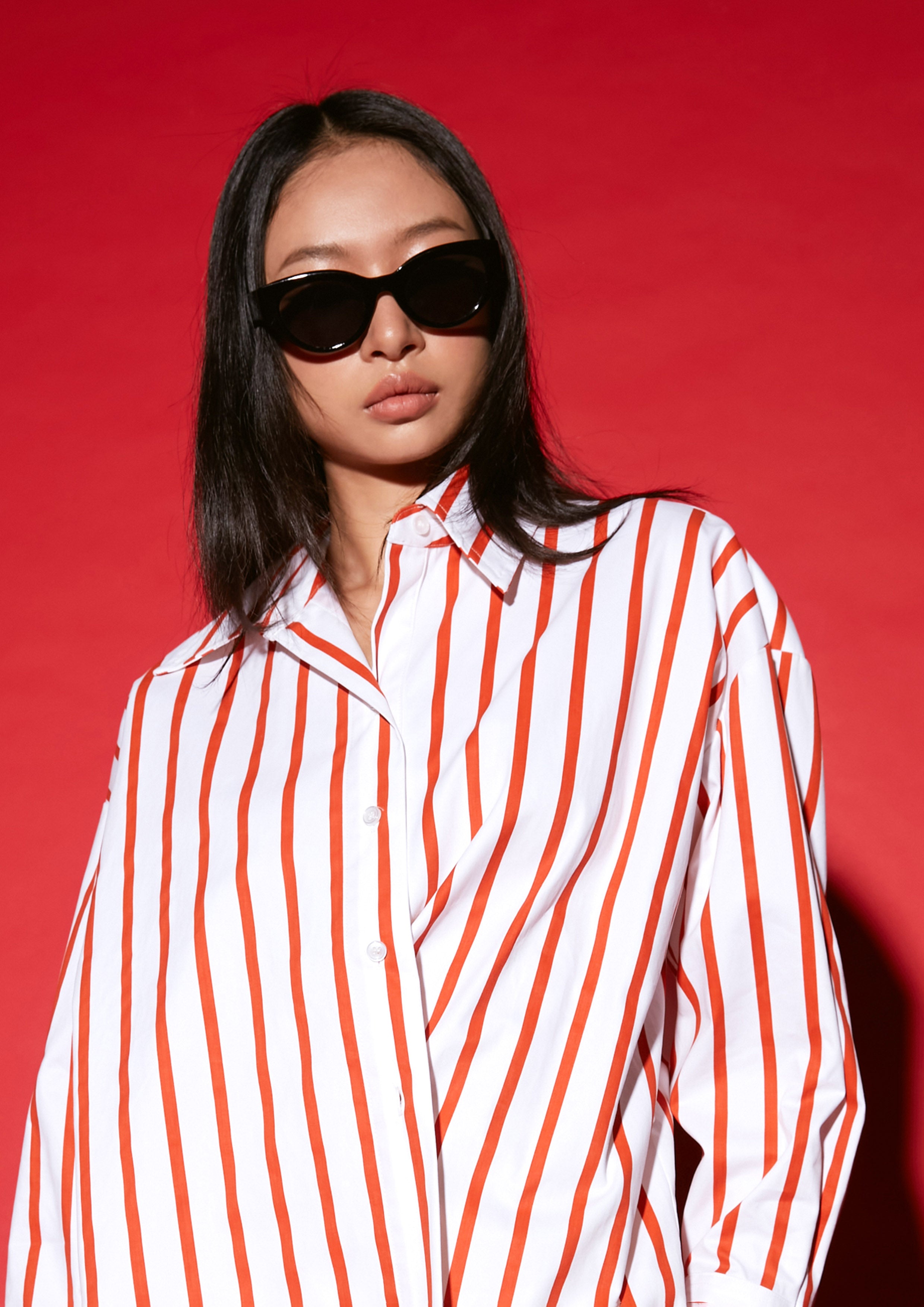 Oversized Stripe Asymmetric Hem Long Sleeve Shirt