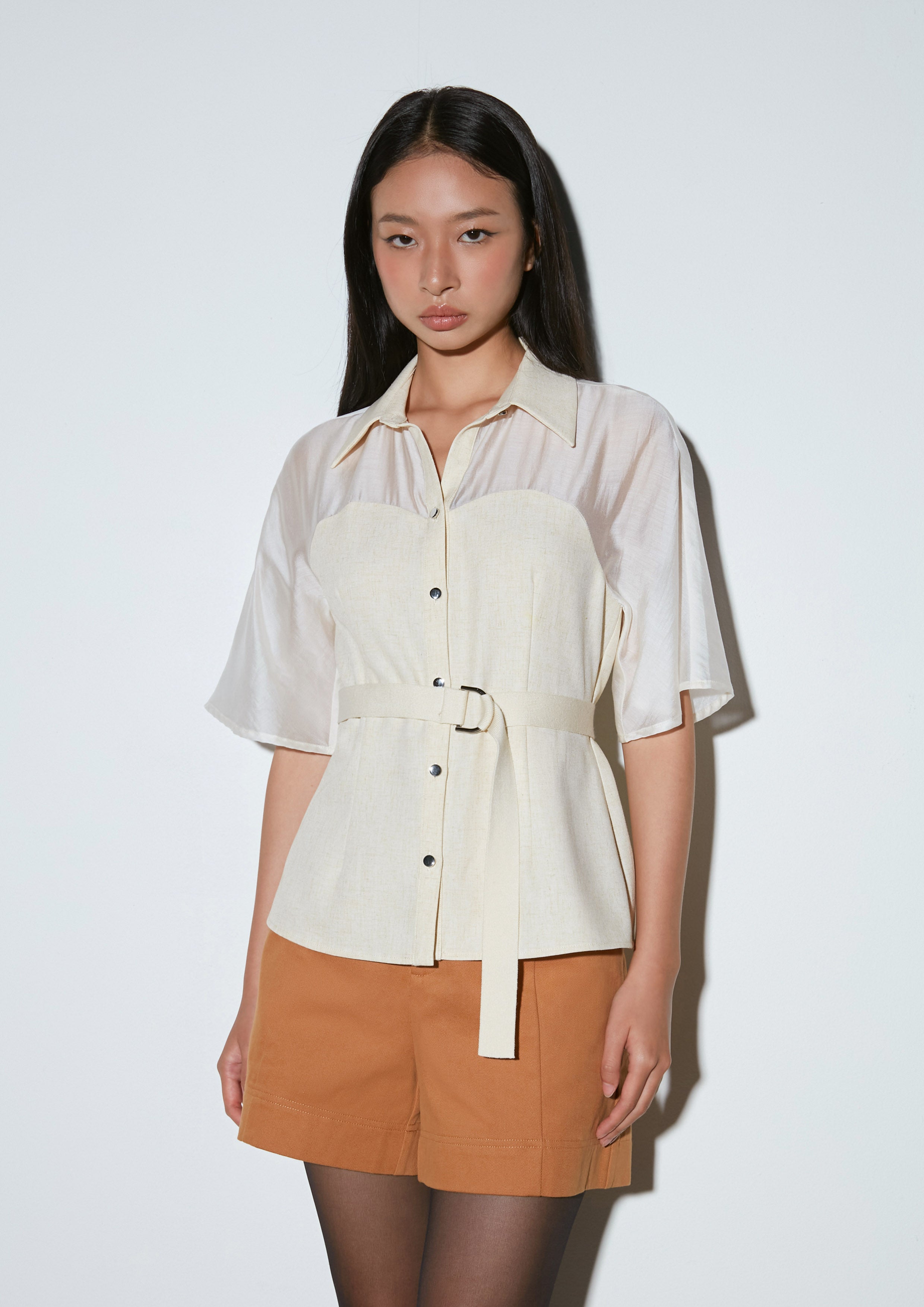 Two-Tone Belted Button Down Shirt