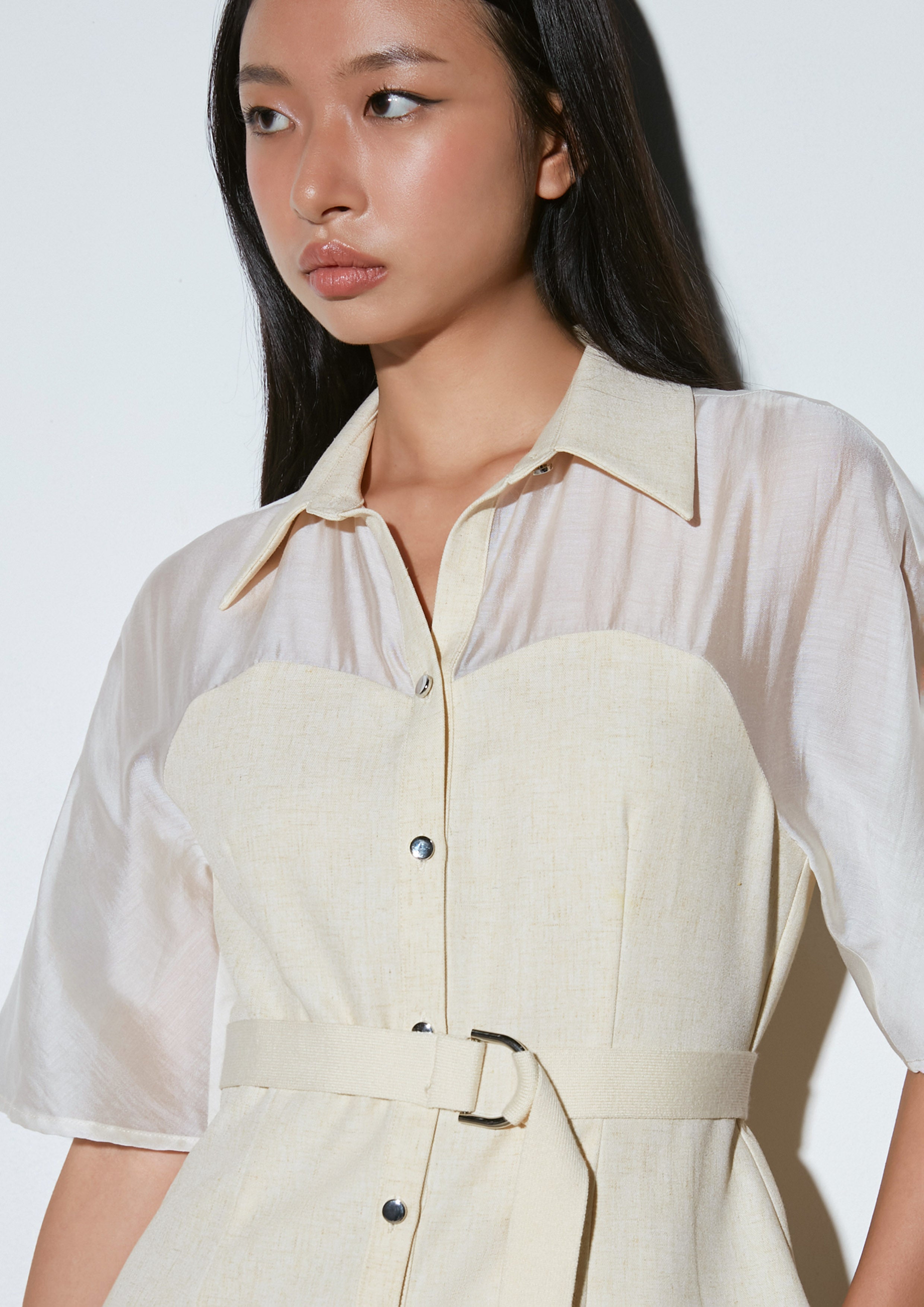 Two-Tone Belted Button Down Shirt