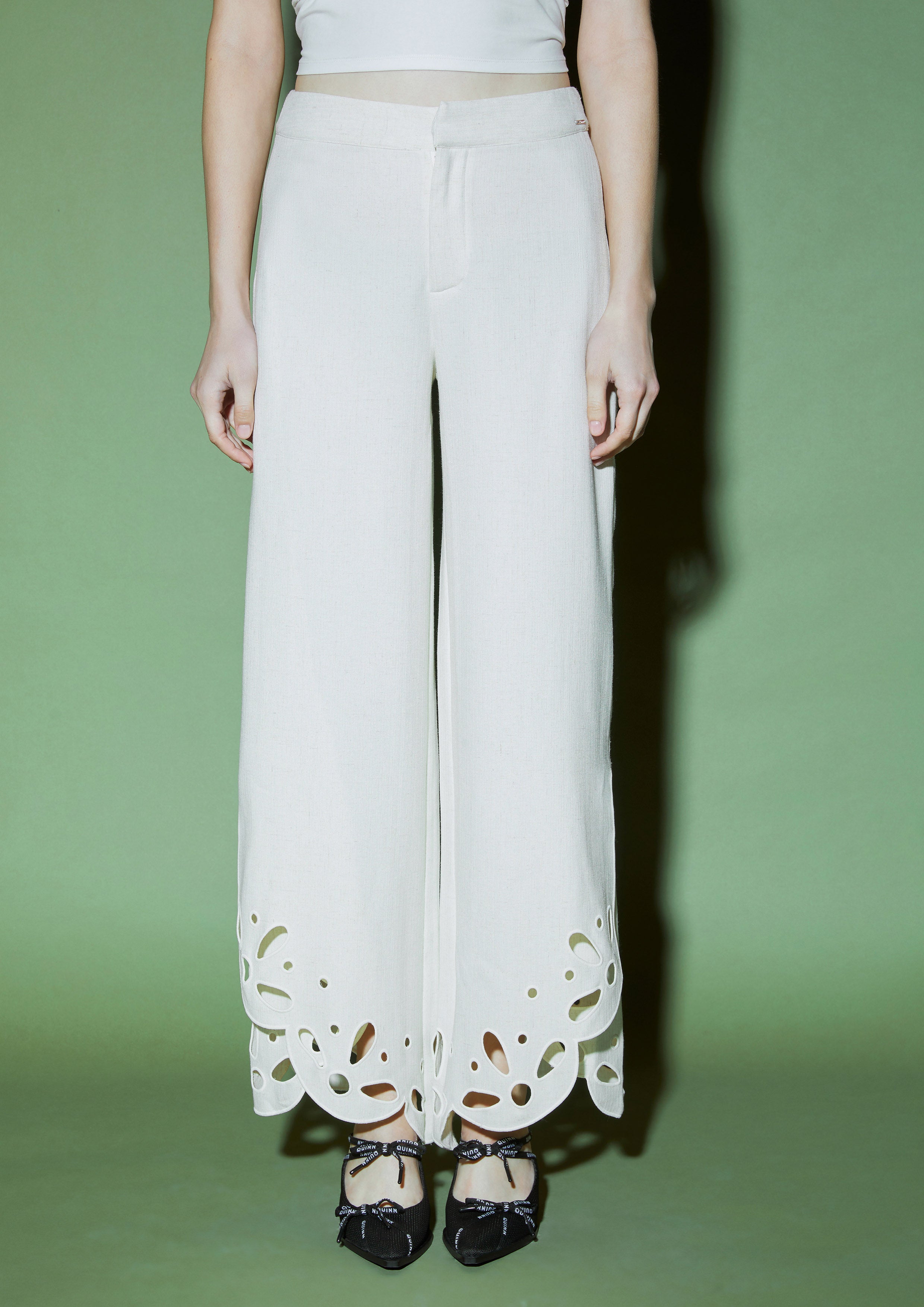 Floral Cutwork Wide-Leg Trousers