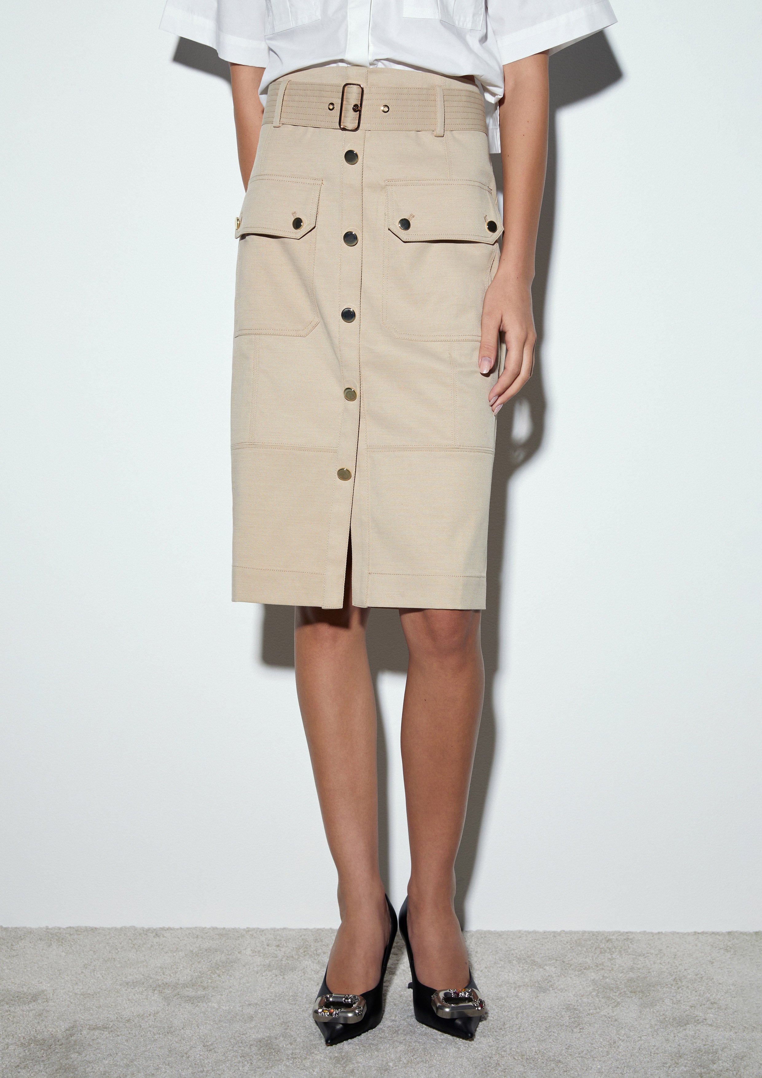 Button-Down Front Midi Pencil Skirt