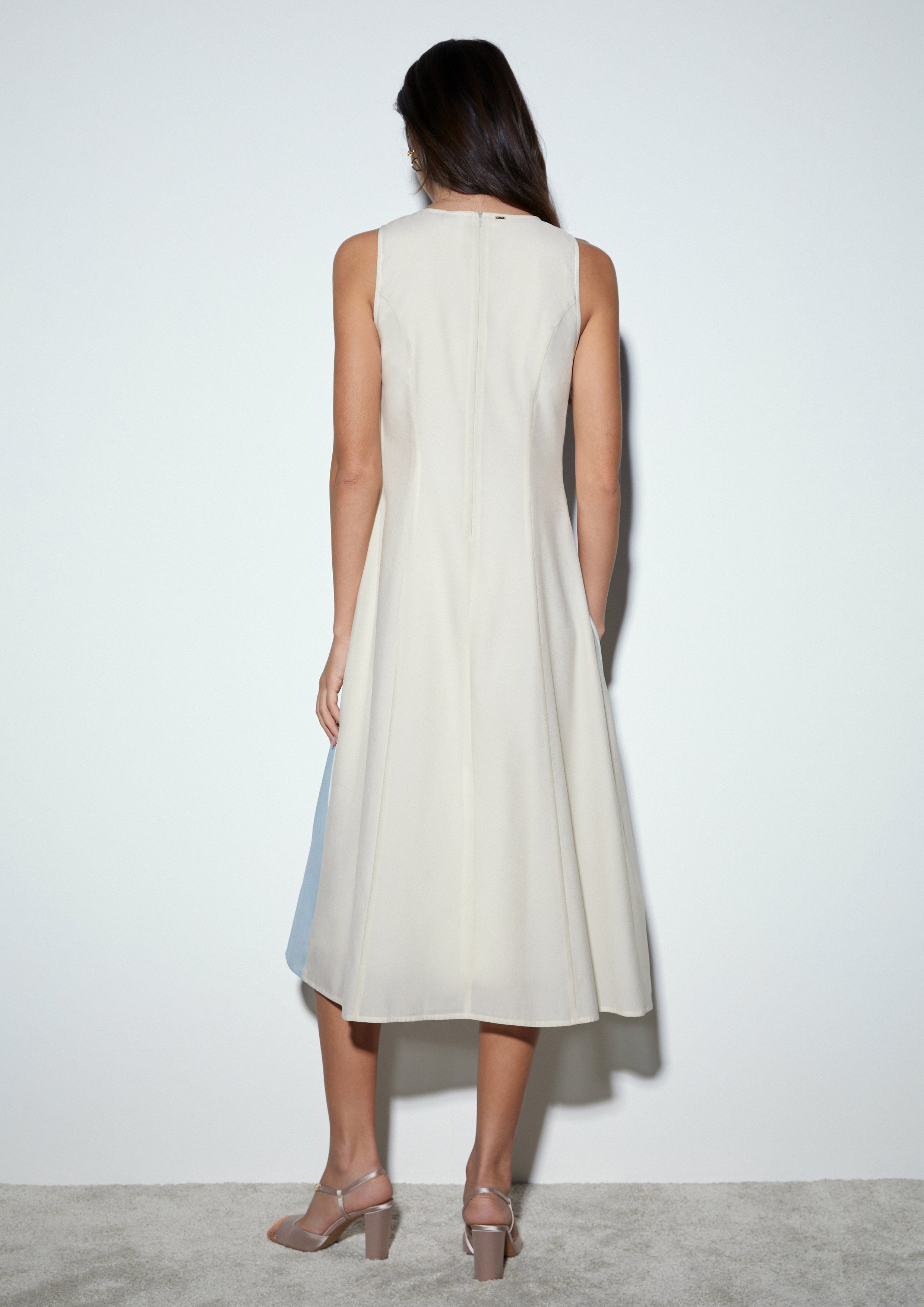 Diagonal Panel Sleeveless Midi A-Line Dress