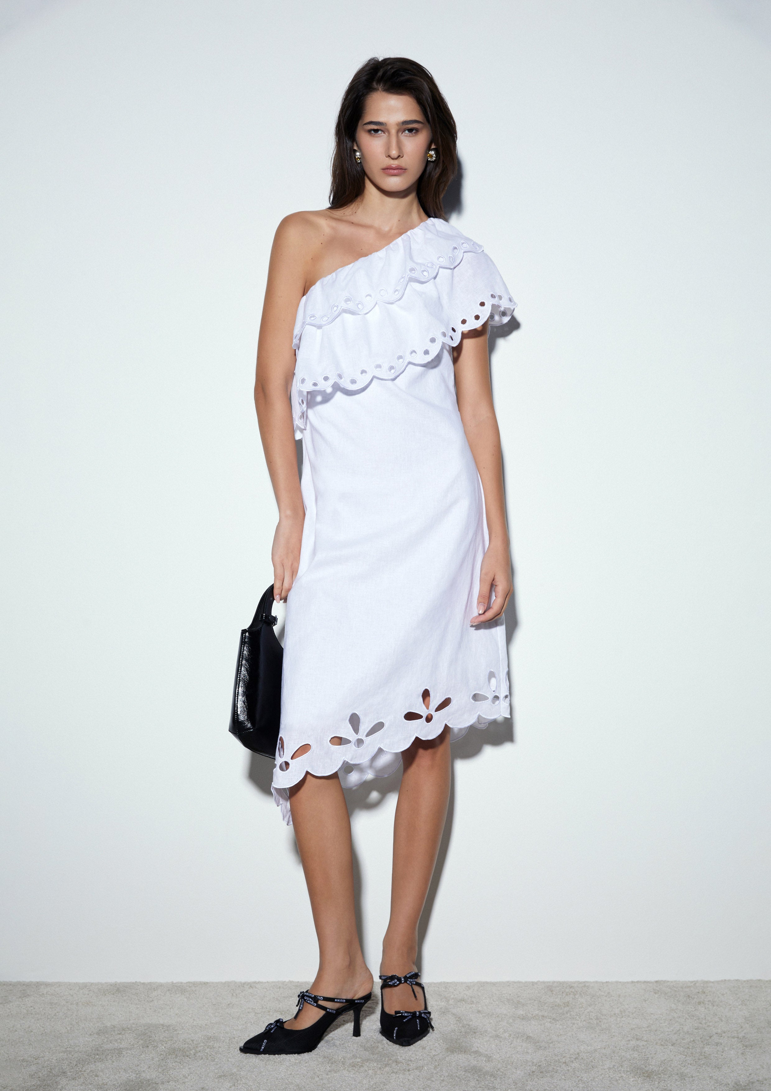 One-Shoulder Scalloped Mini Cutwork Dress