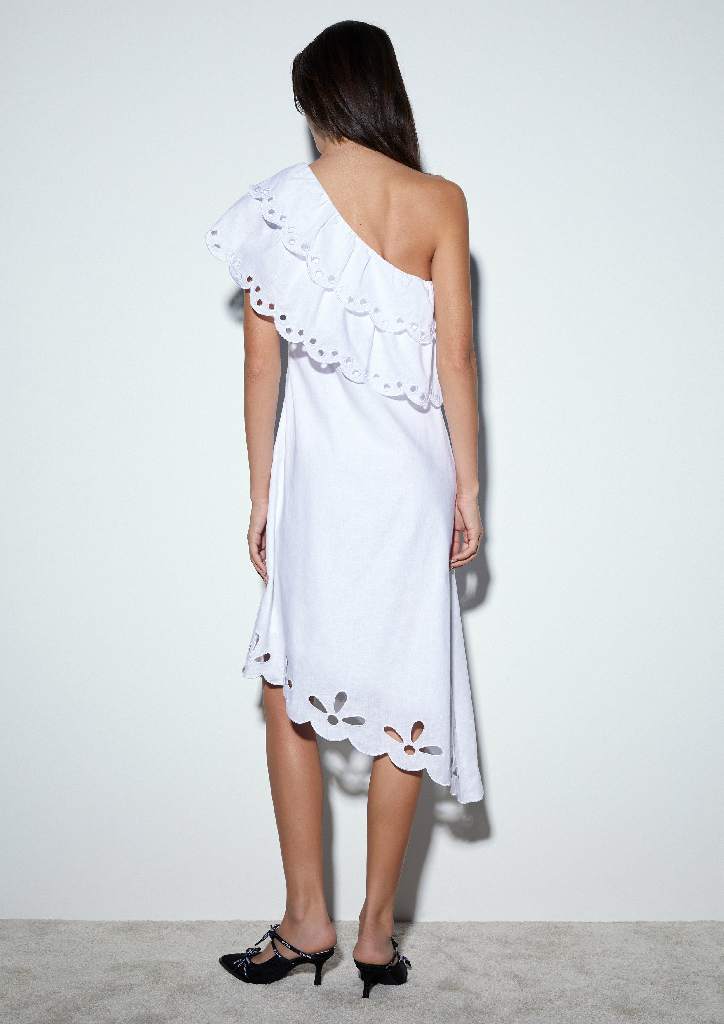 One-Shoulder Scalloped Mini Cutwork Dress