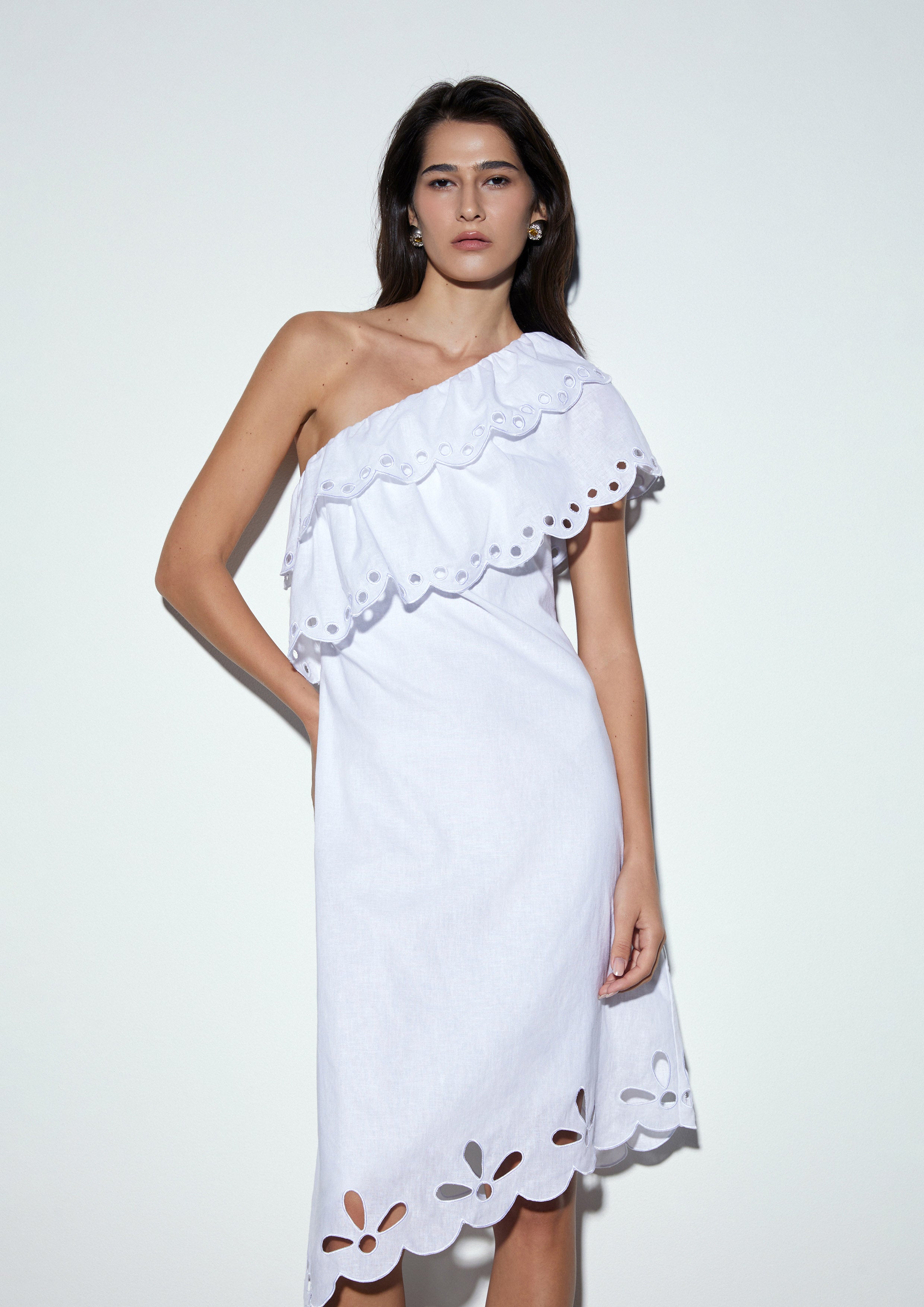 One-Shoulder Scalloped Mini Cutwork Dress