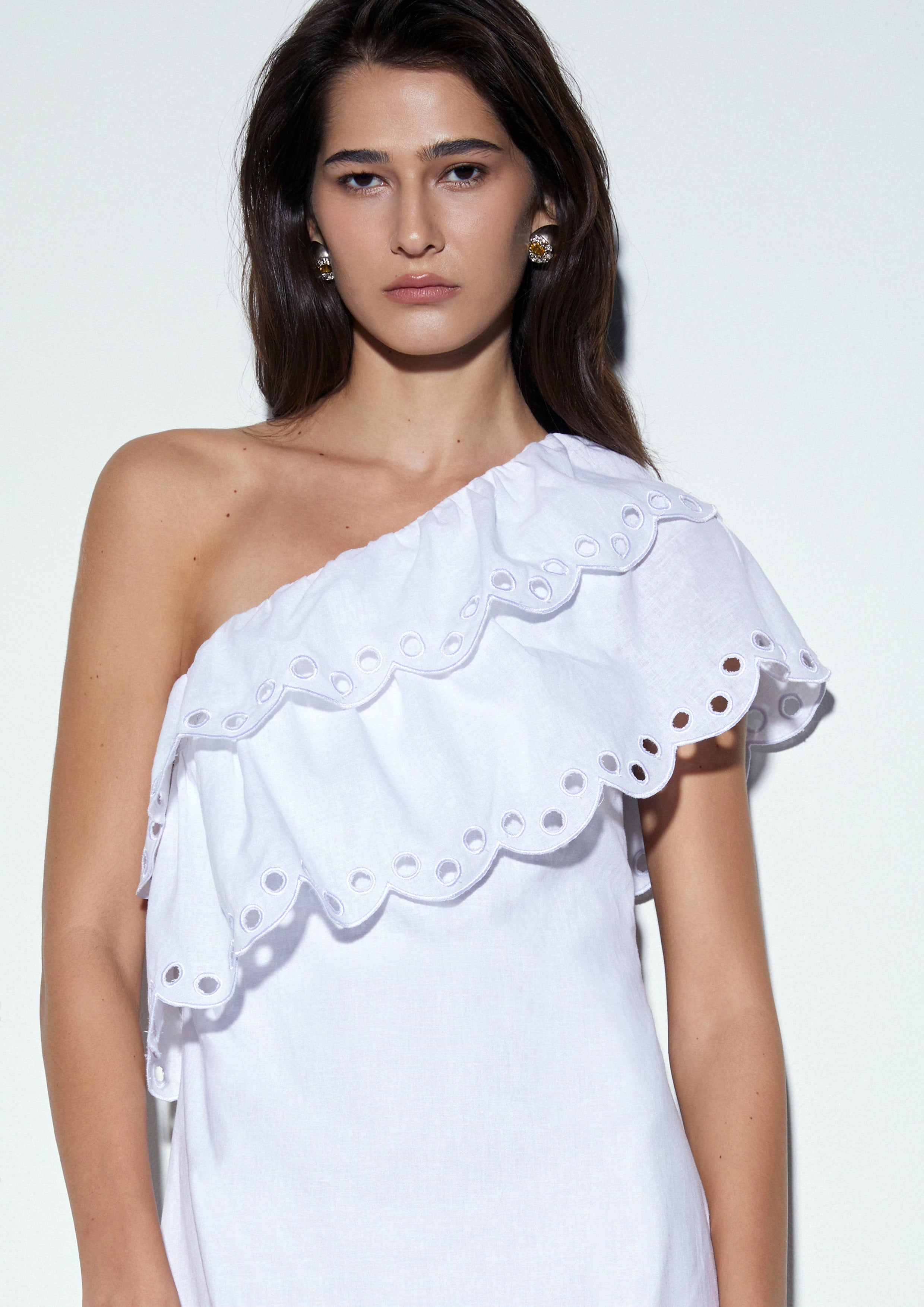 One-Shoulder Scalloped Mini Cutwork Dress