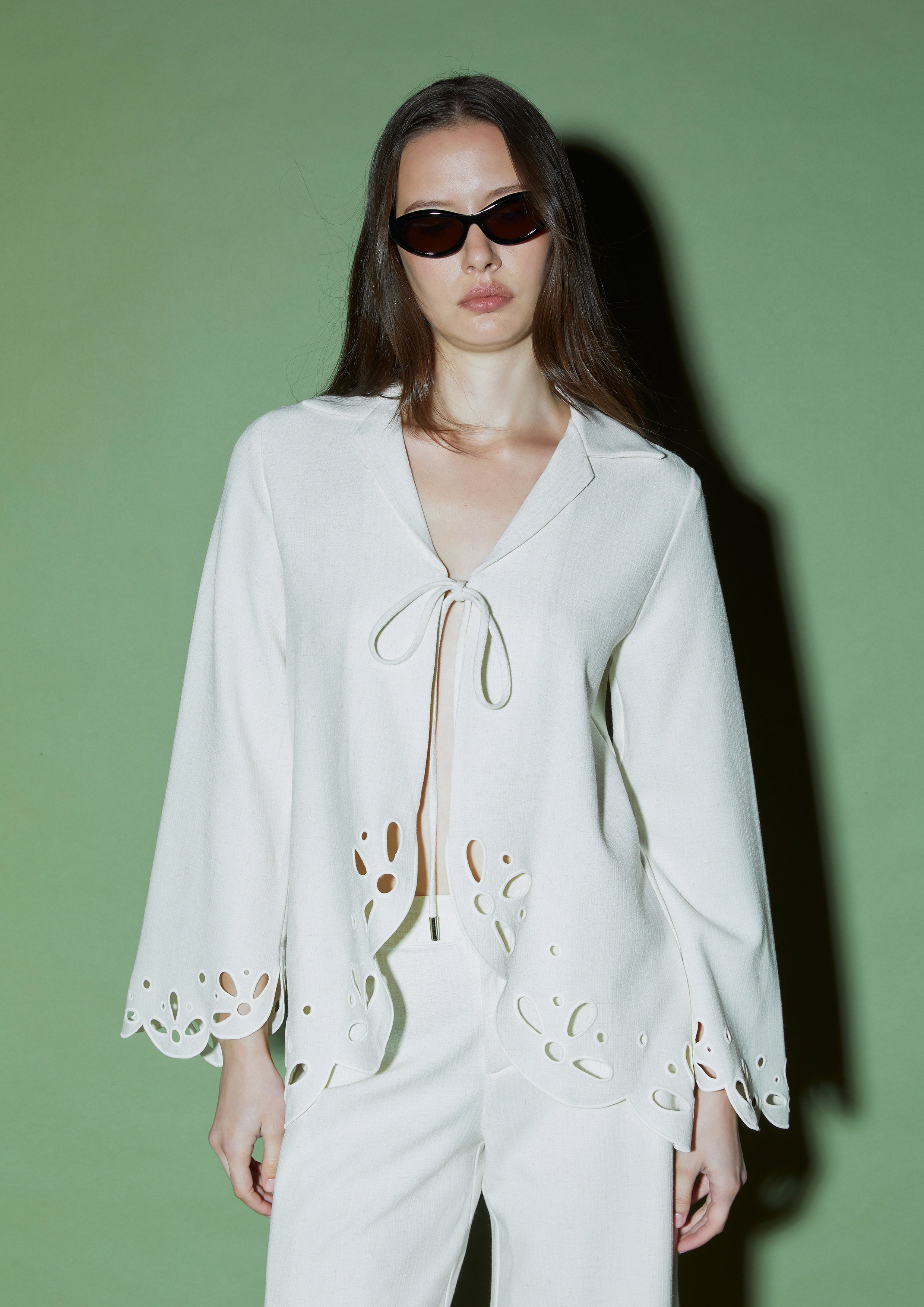 Scalloped Cutwork Tie-Front Jacket