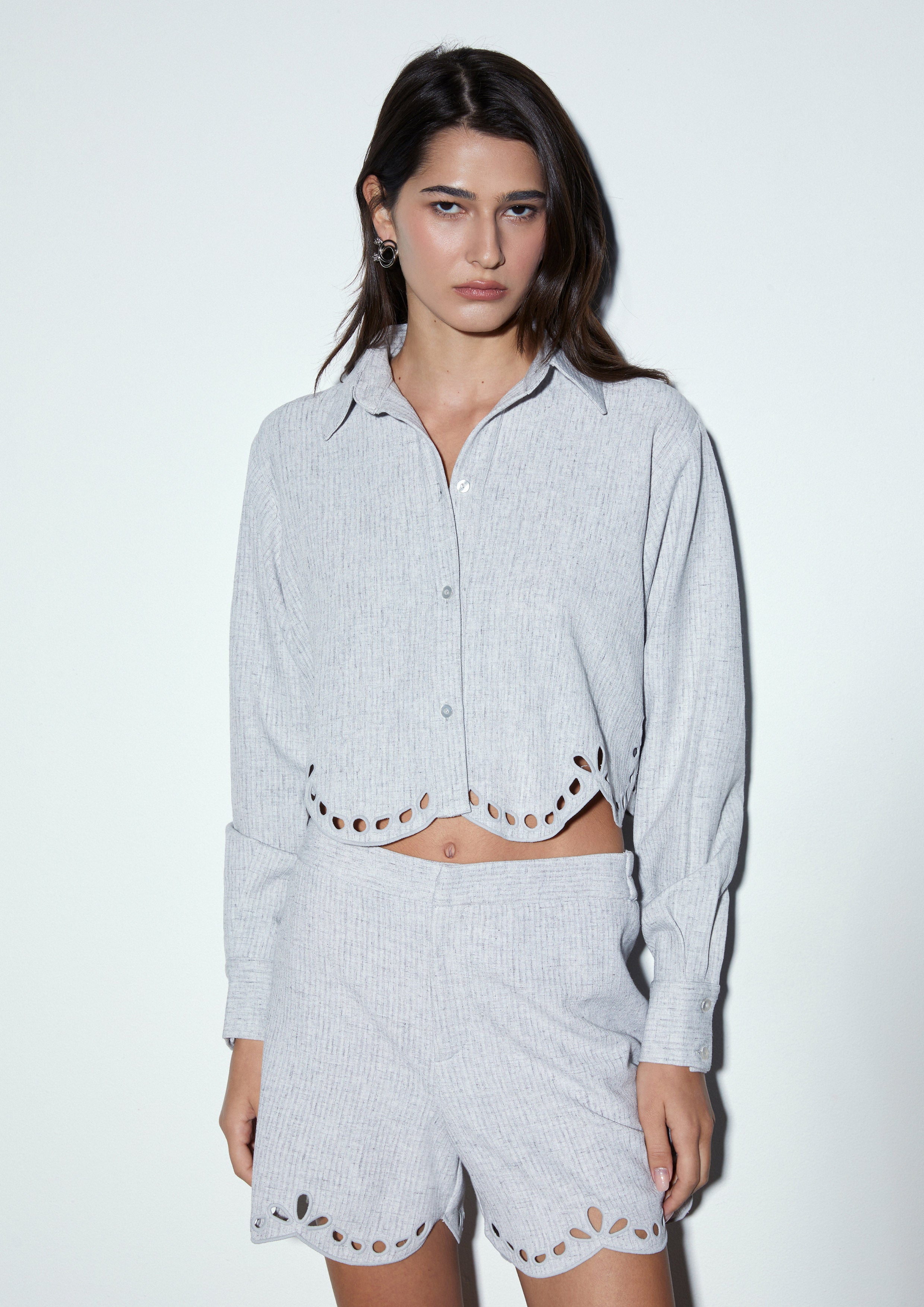 Scalloped Cutwork Cropped Shirt