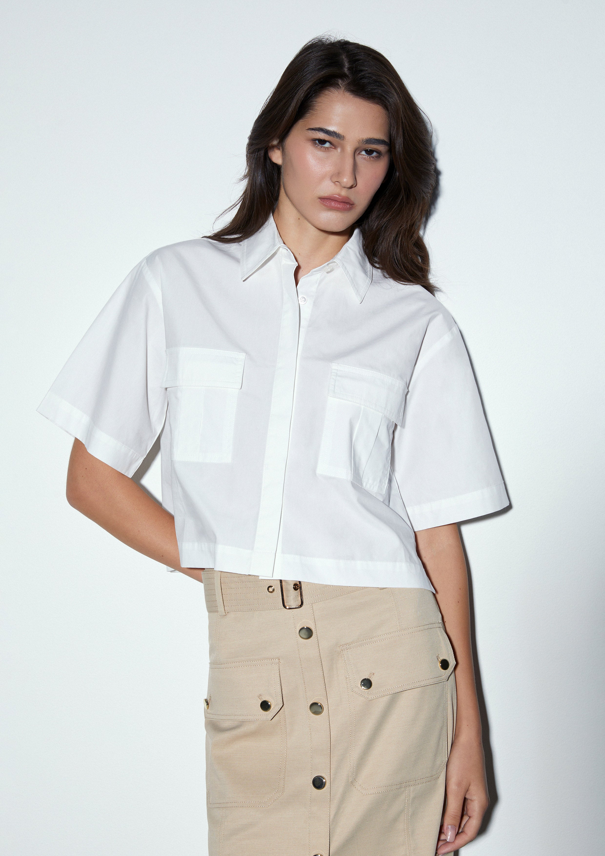 Flap Pocket Cropped Short Sleeve Shirt