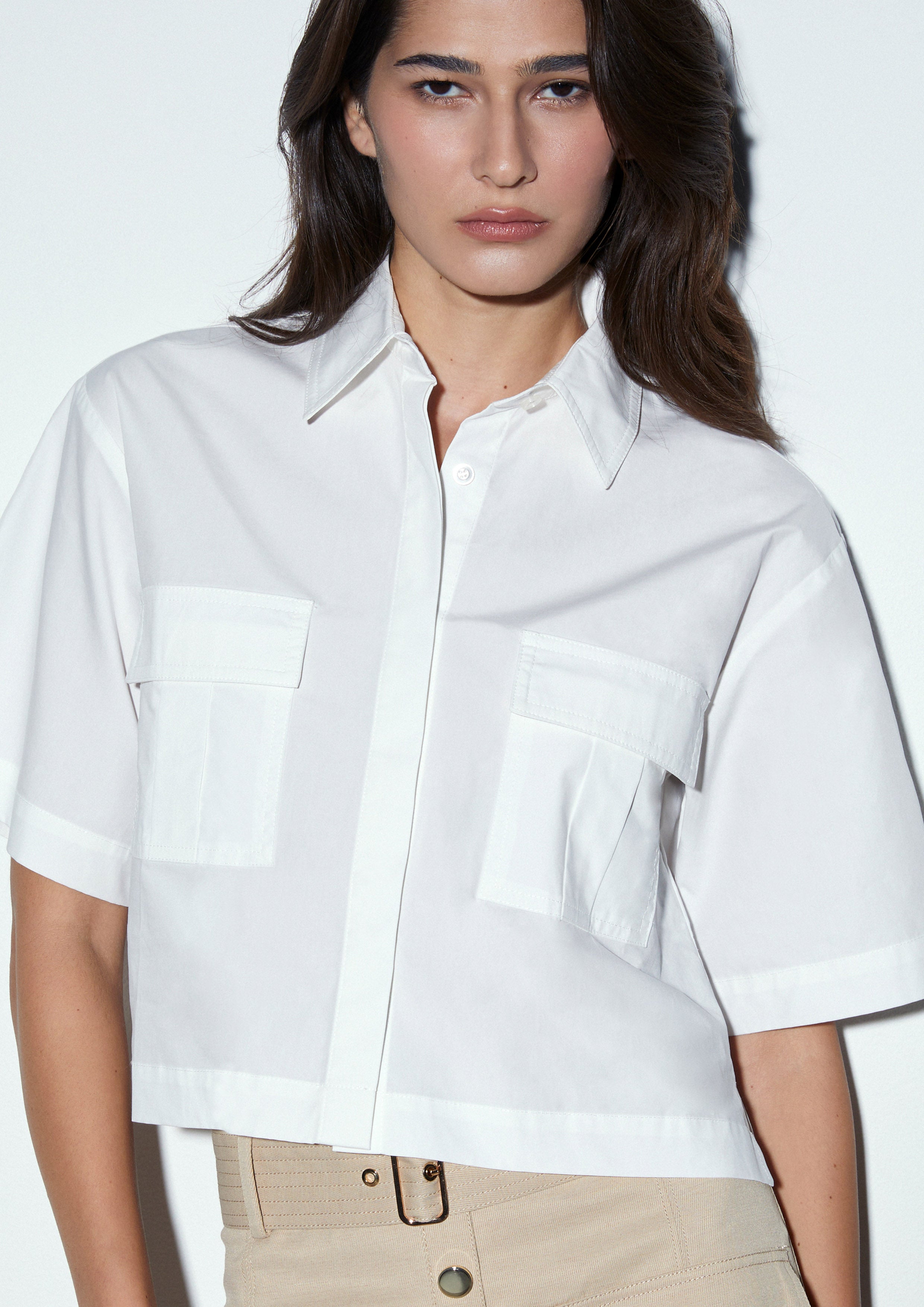 Flap Pocket Cropped Short Sleeve Shirt