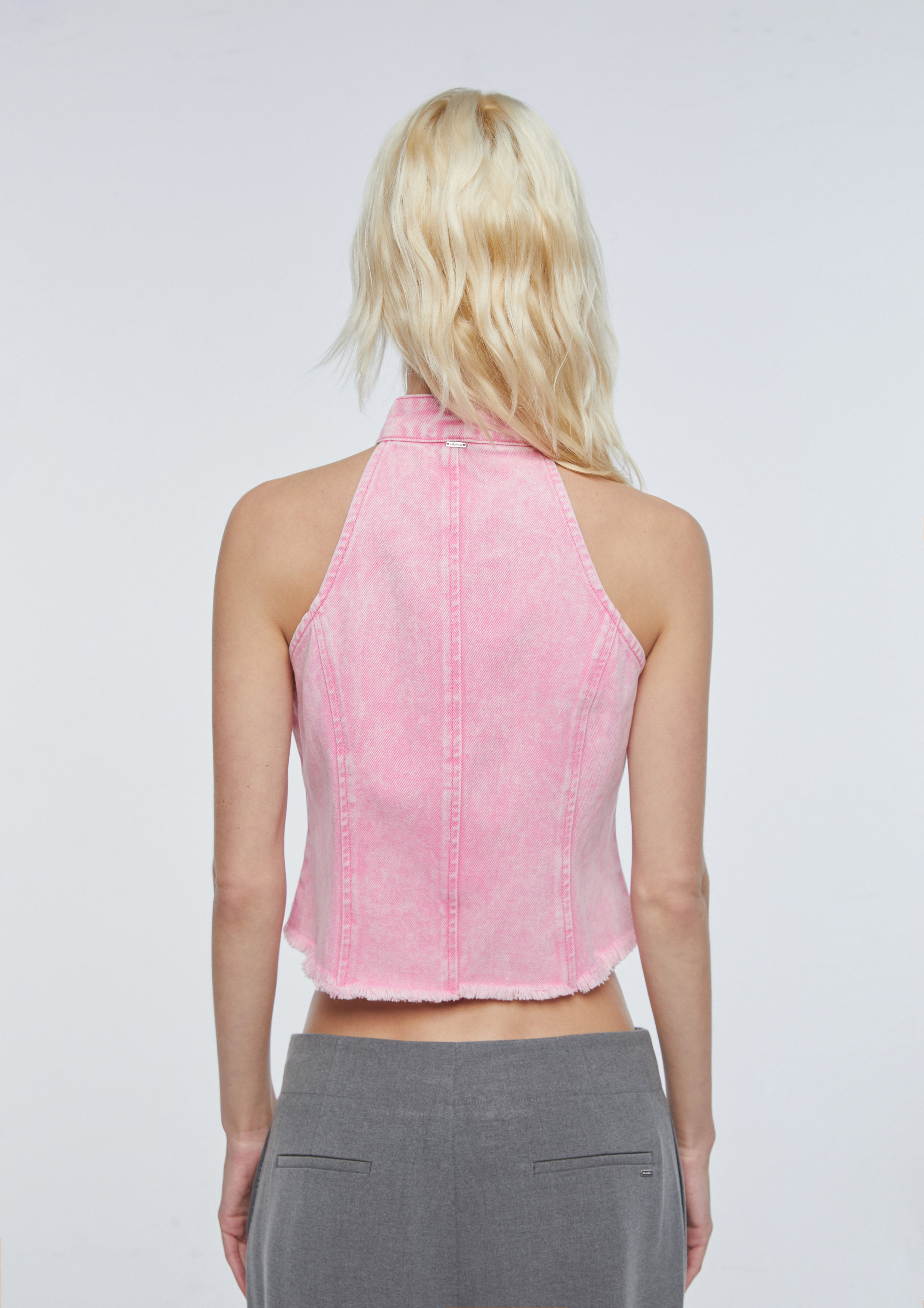 Washed Denim Halter Zip-Up Top