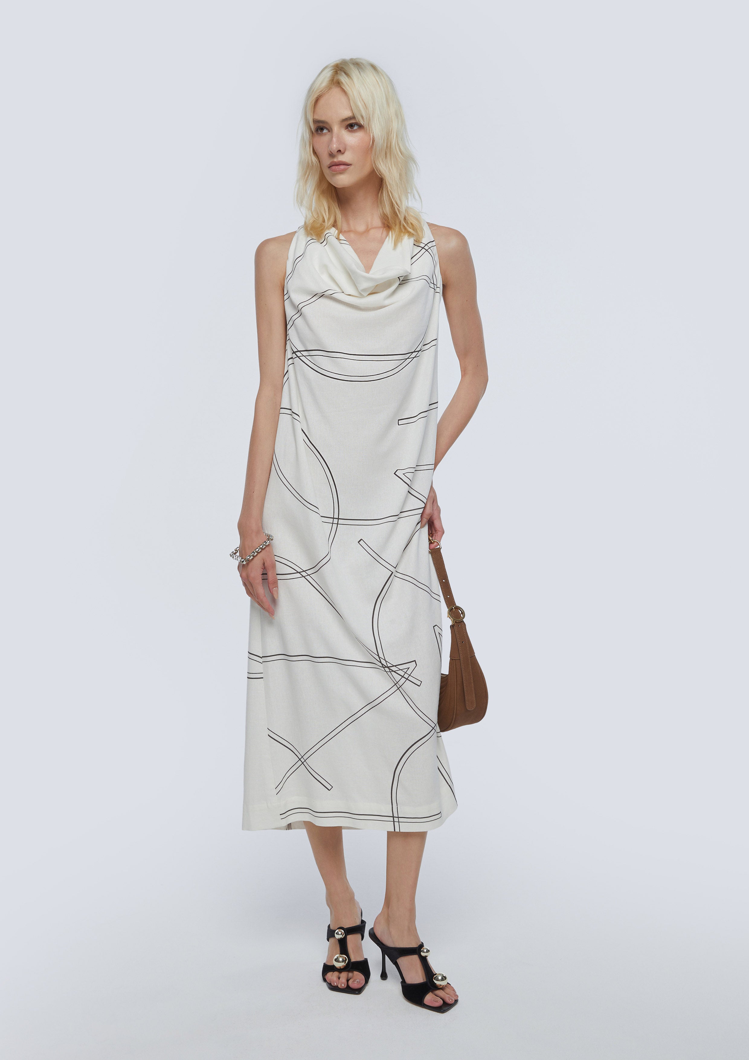 Drape Collar Print Midi Dress