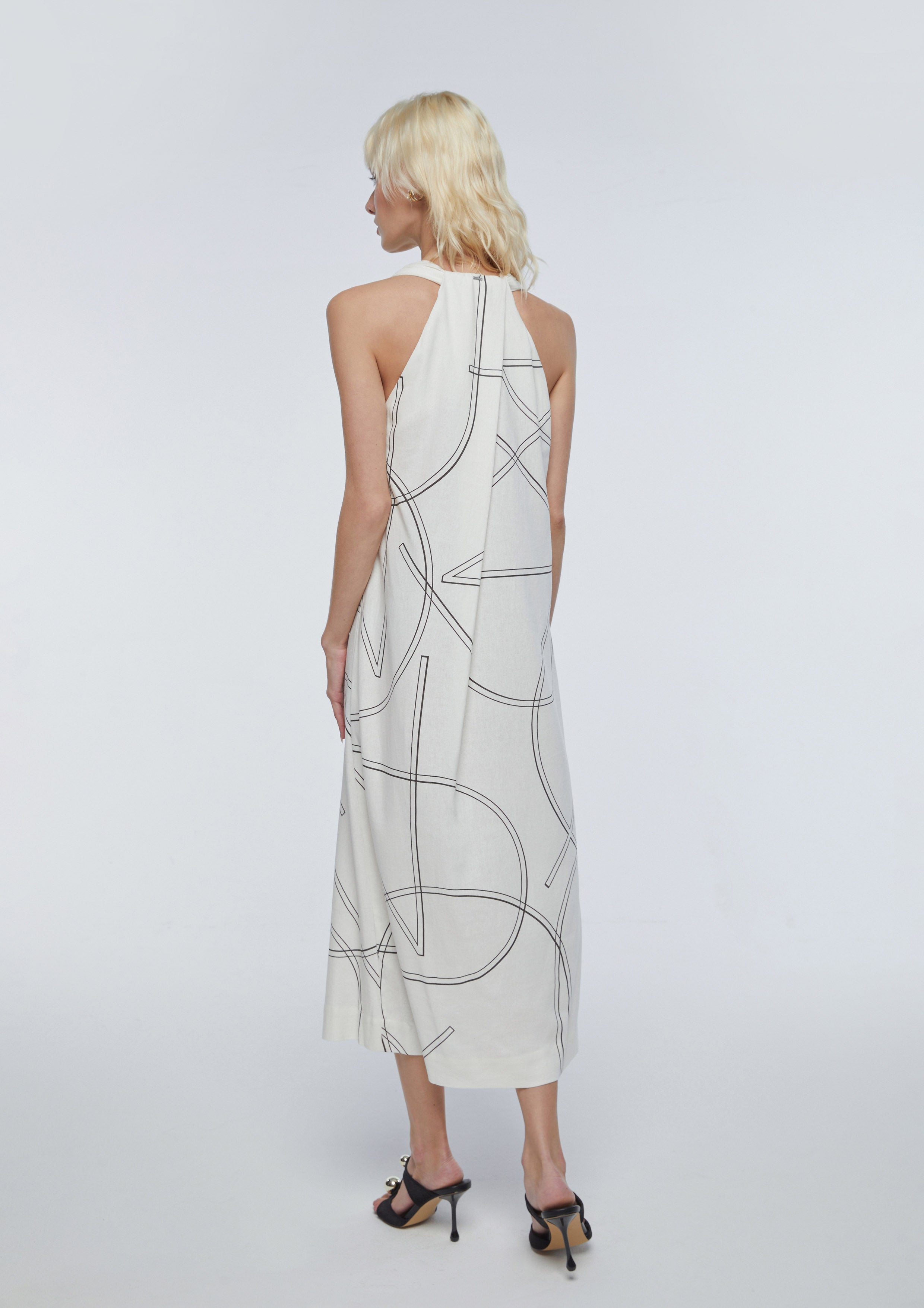 Drape Collar Print Midi Dress