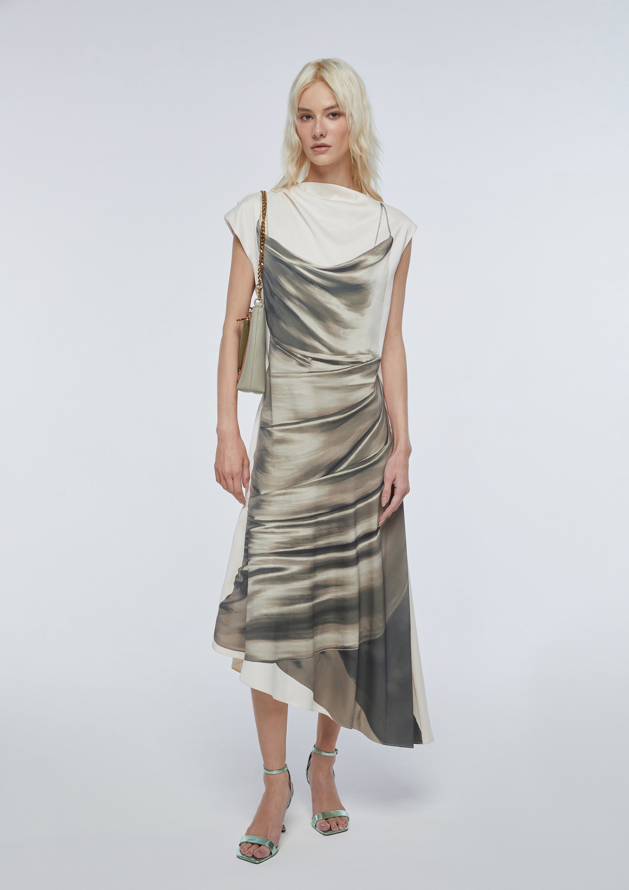 One Sleeve Satin Print Dress