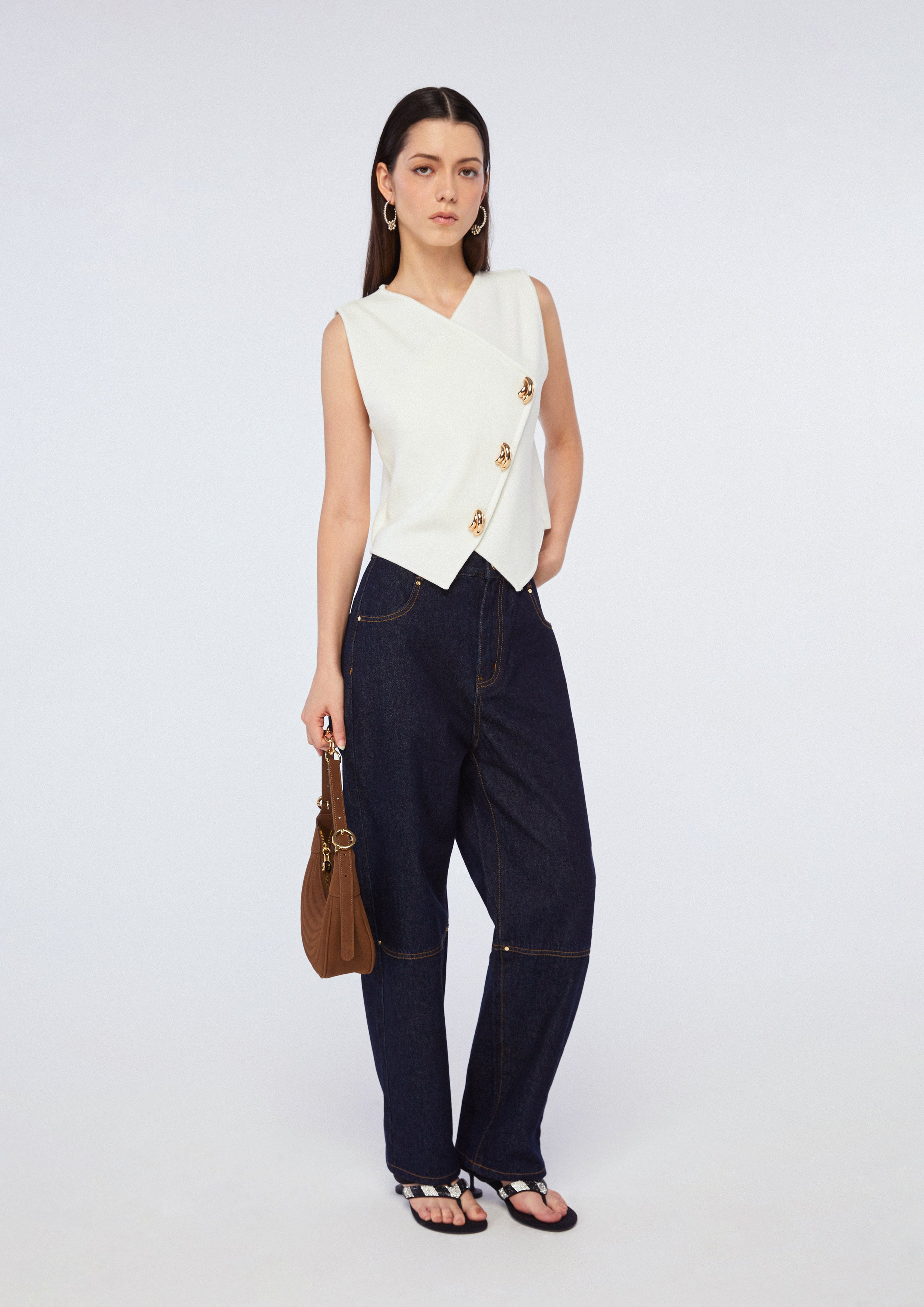 Sleeveless Wrap Top WIth Gold Knot Button Top