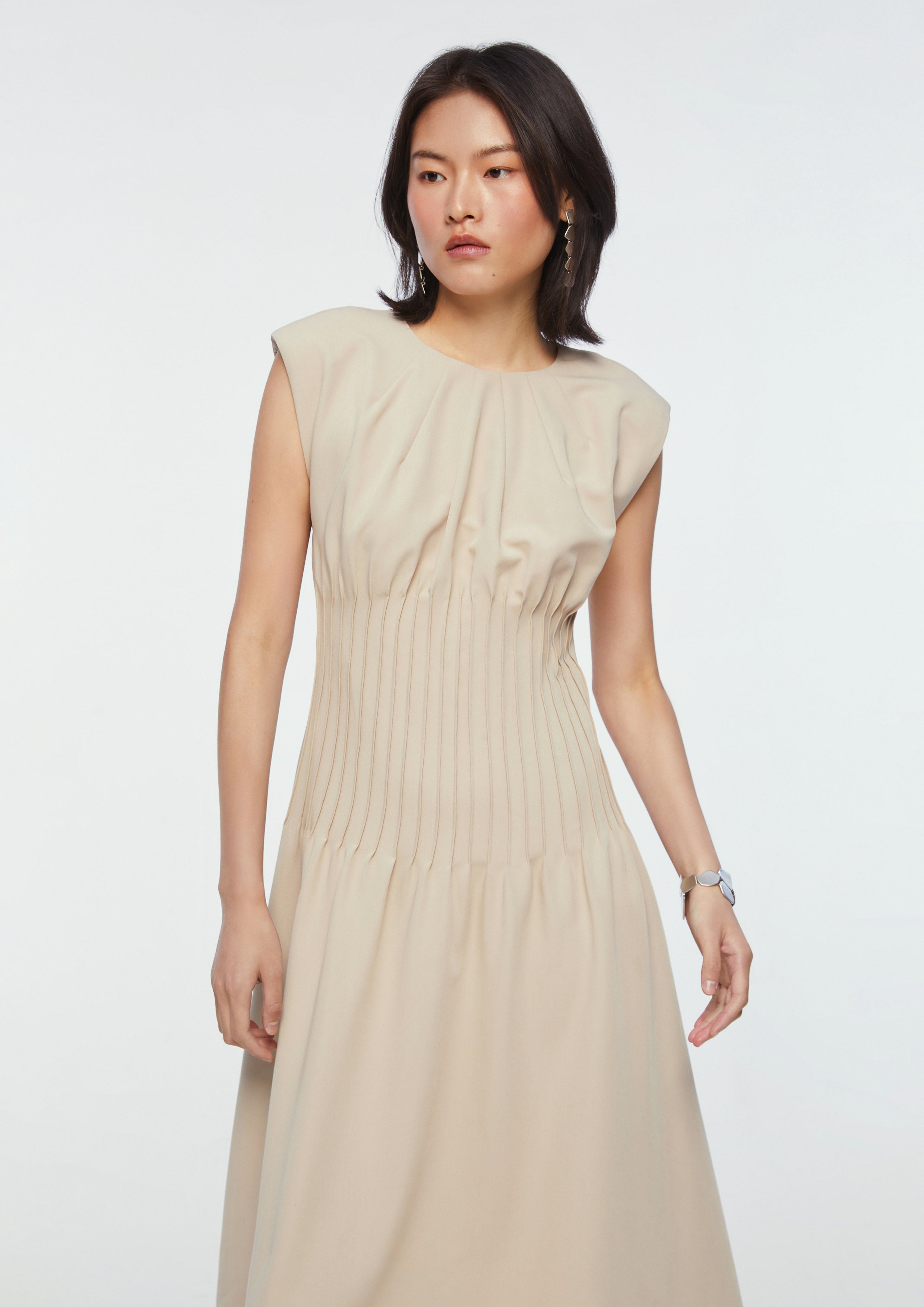 Pleated Waist Sleeveless Midi Dress