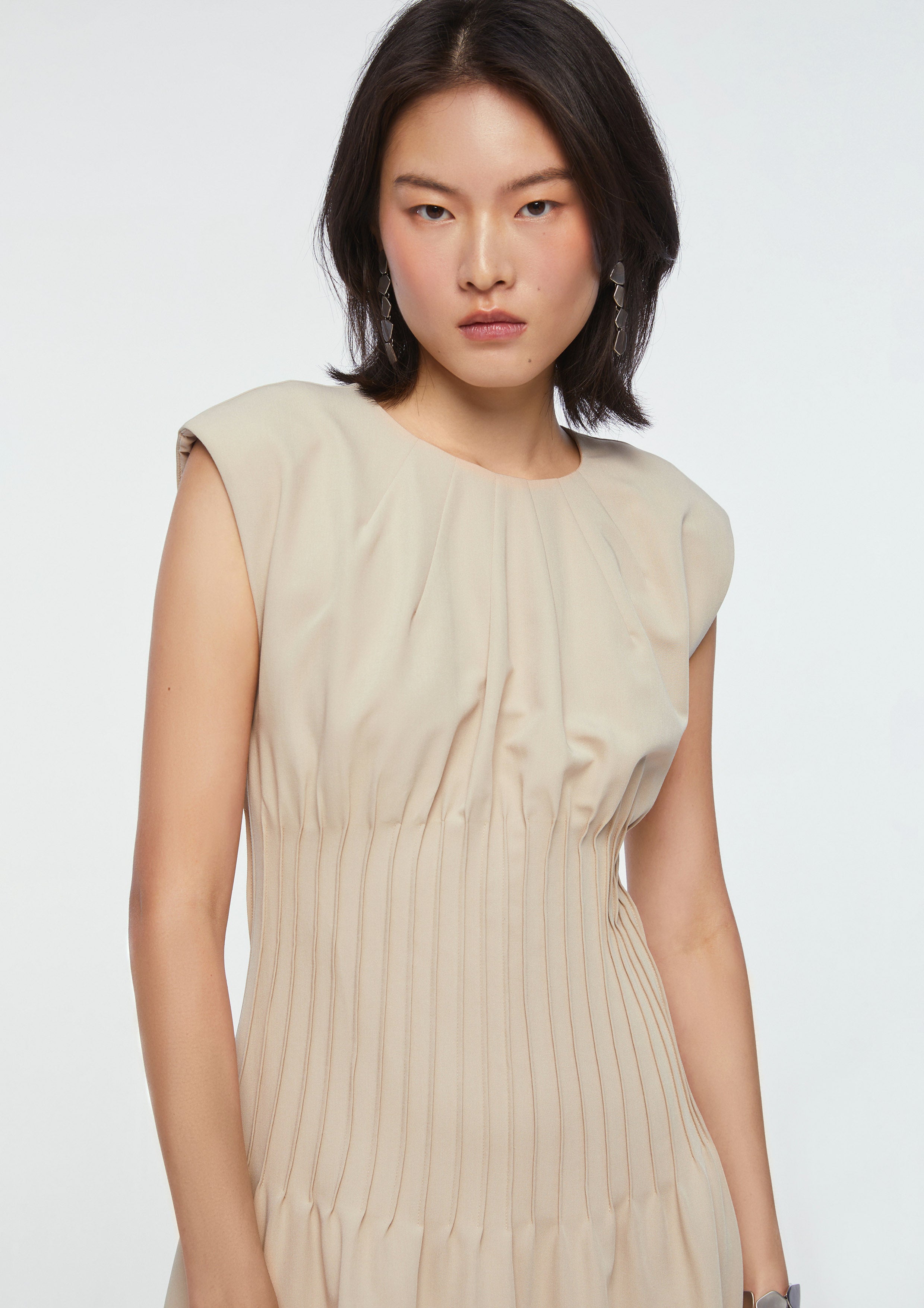 Pleated Waist Sleeveless Midi Dress