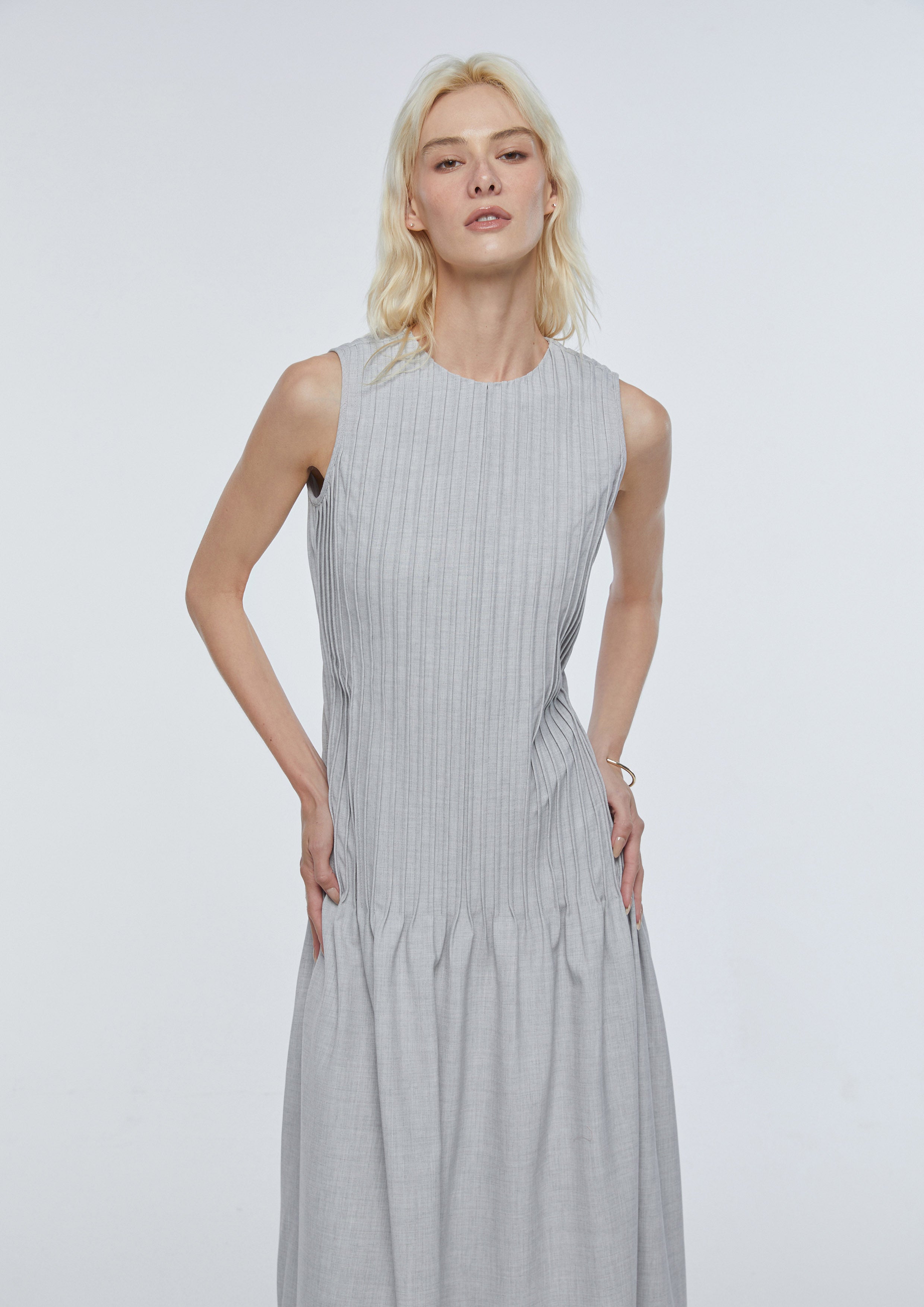 Vertical Pleated Sleeveless Maxi Dress