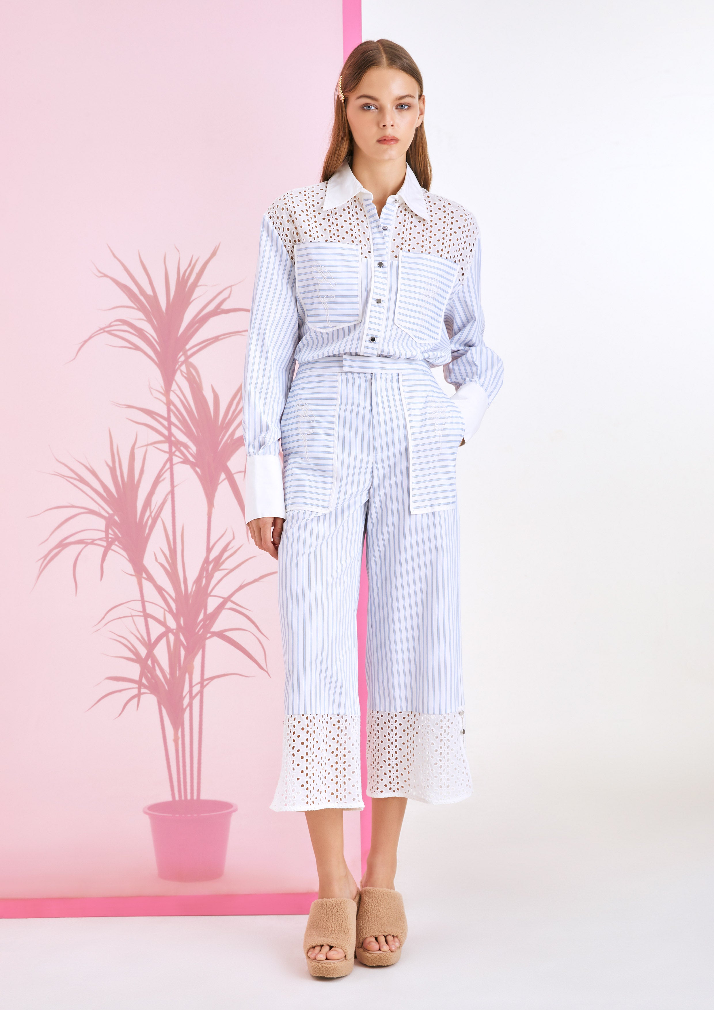 Broderie Anglaise Striped Cropped Wide-Leg Pants