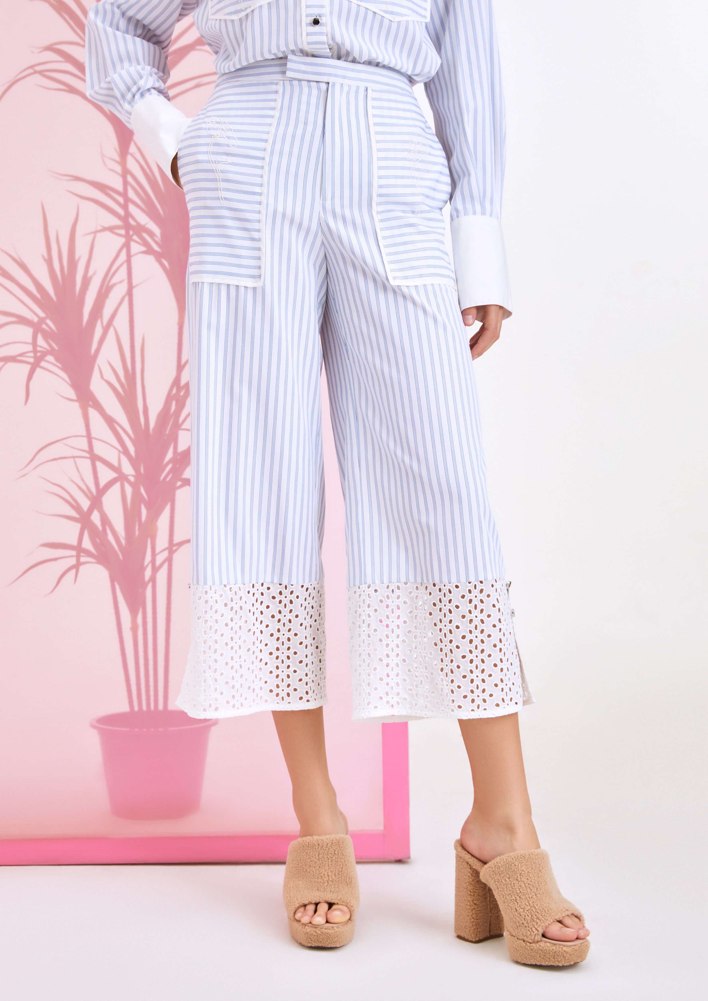 Broderie Anglaise Striped Cropped Wide-Leg Pants