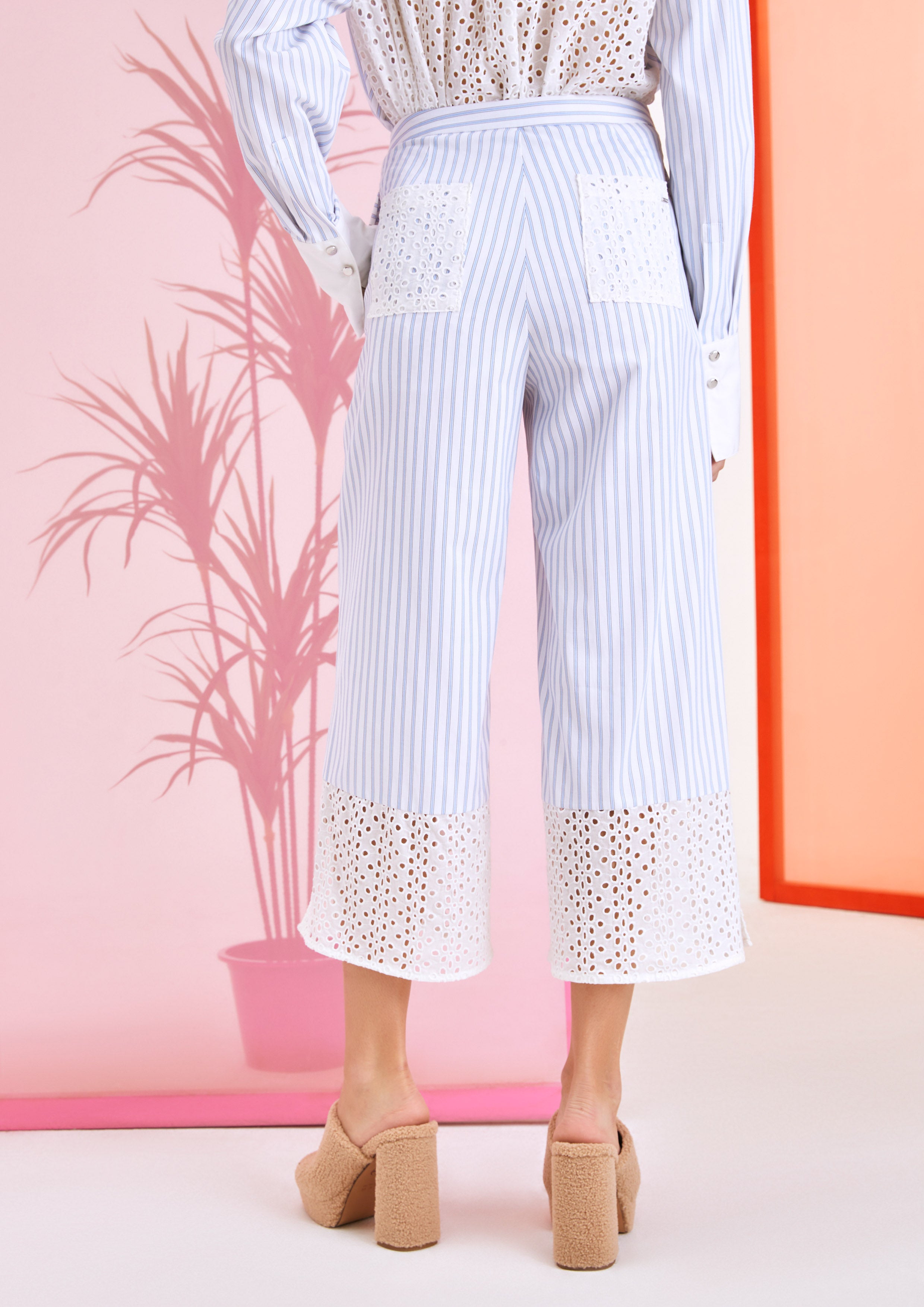 Broderie Anglaise Striped Cropped Wide-Leg Pants