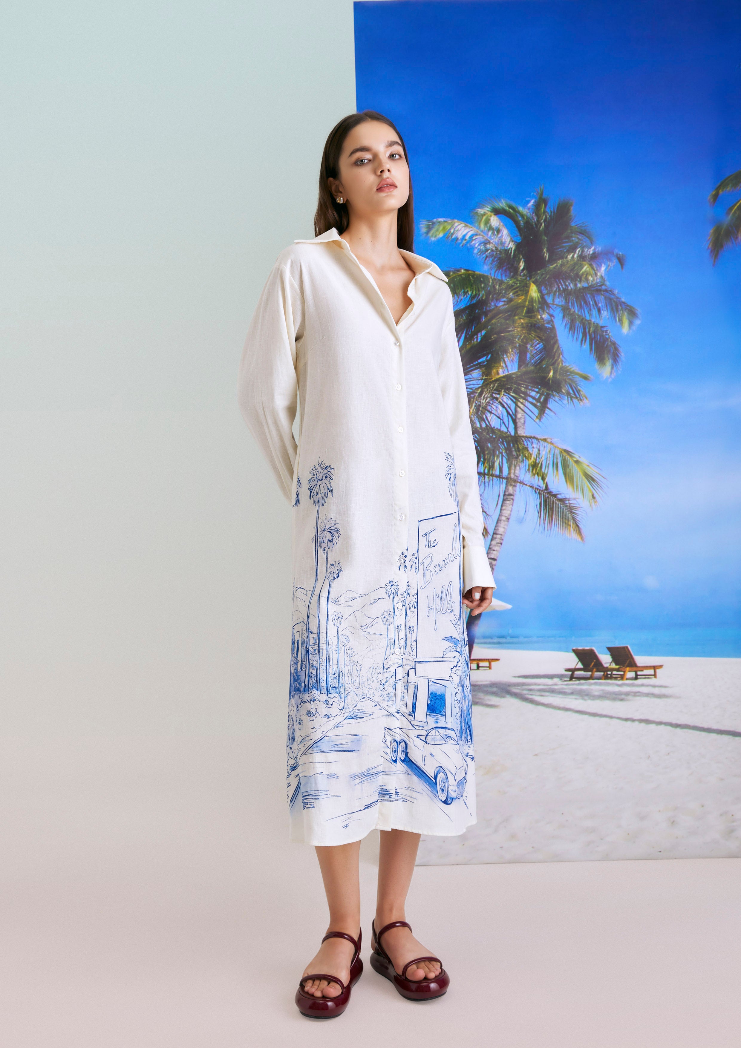 Beachside Boulevard Long Sleeve Midi Sheath Shirt Dress