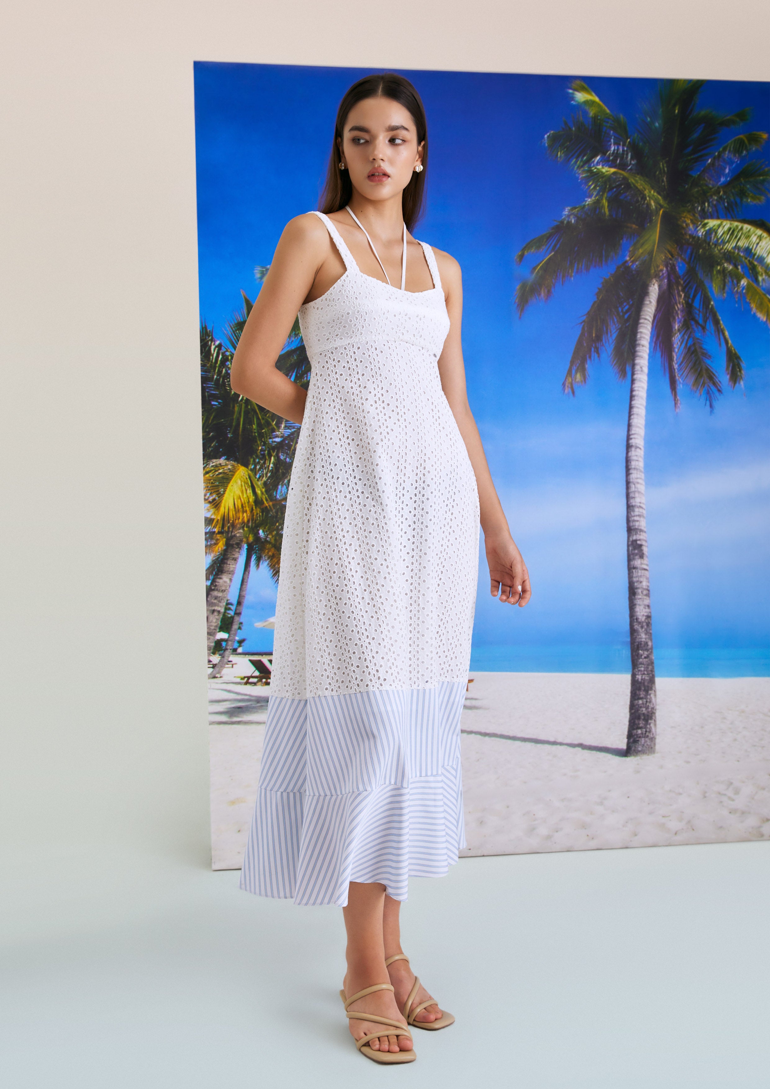 Broderie Anglaise Striped Hem Maxi Dress