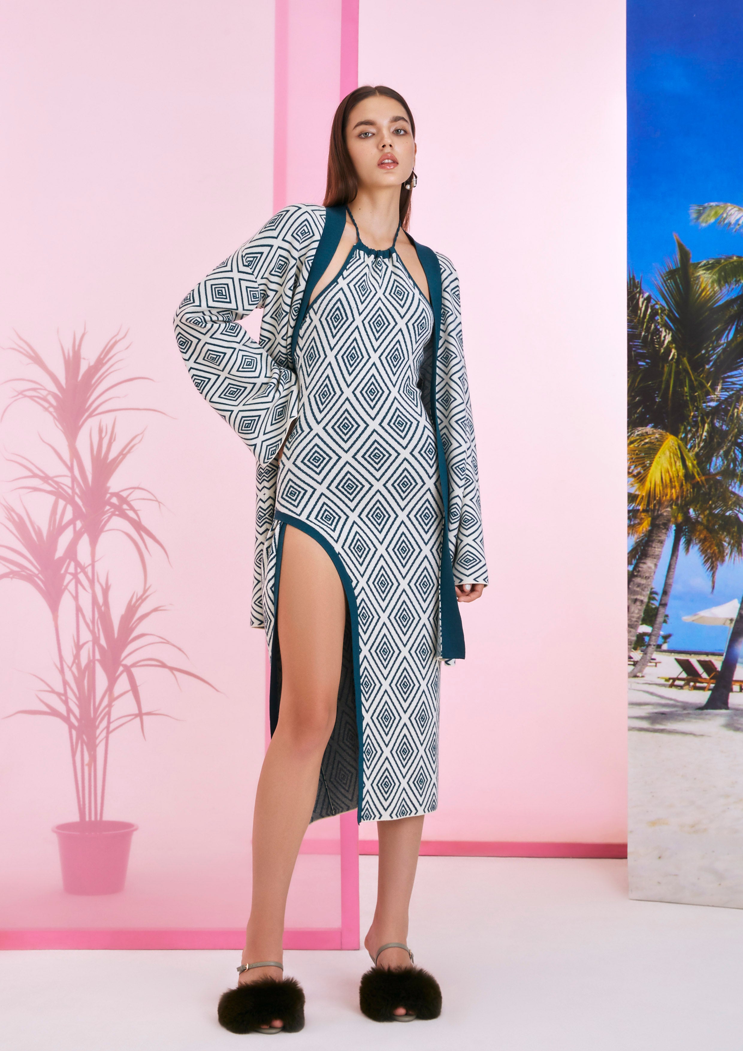 Tropical Luxe Tiles Knitted Open Cardigan