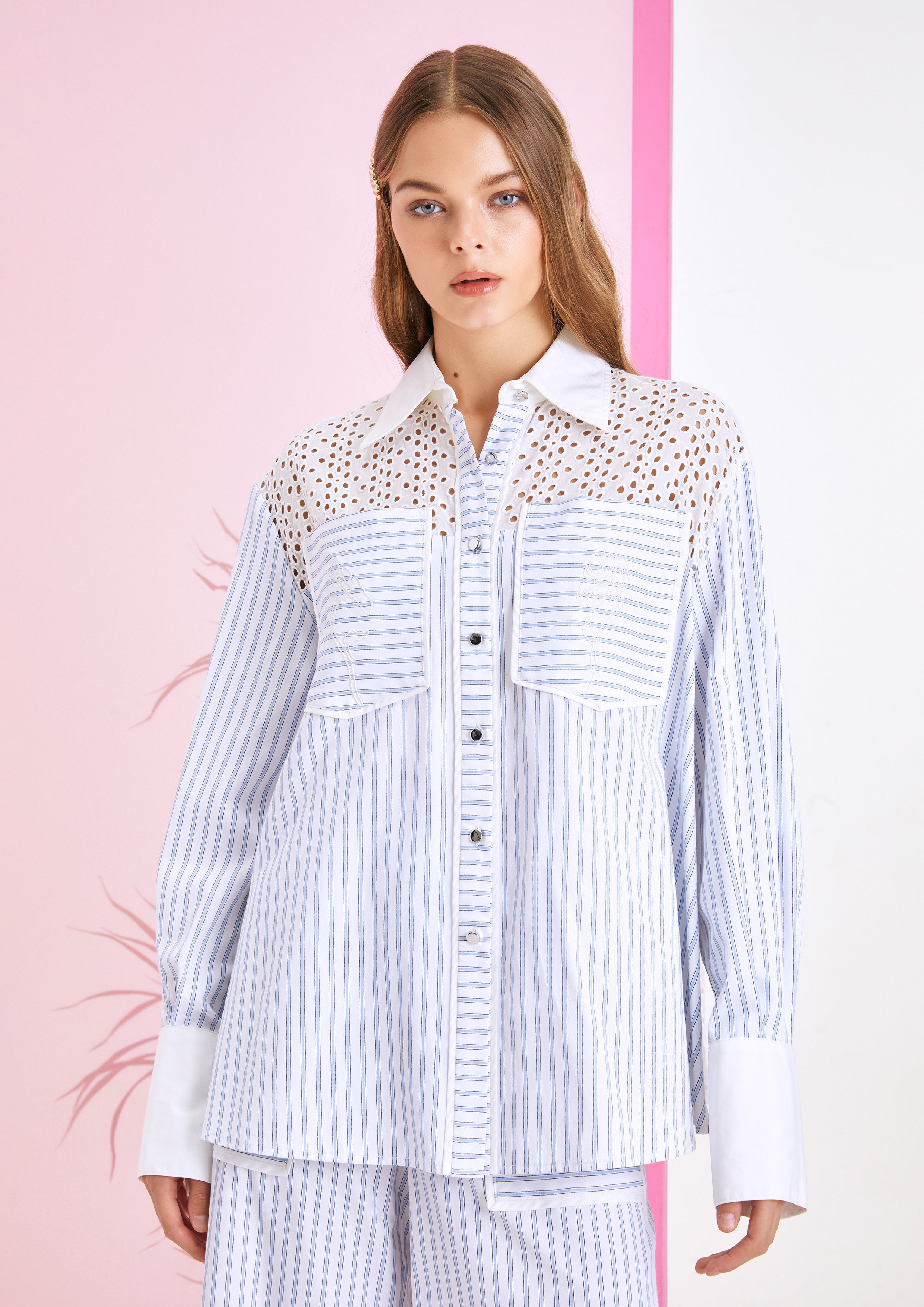 Broderie Anglaise Striped Long Sleeve Shirt