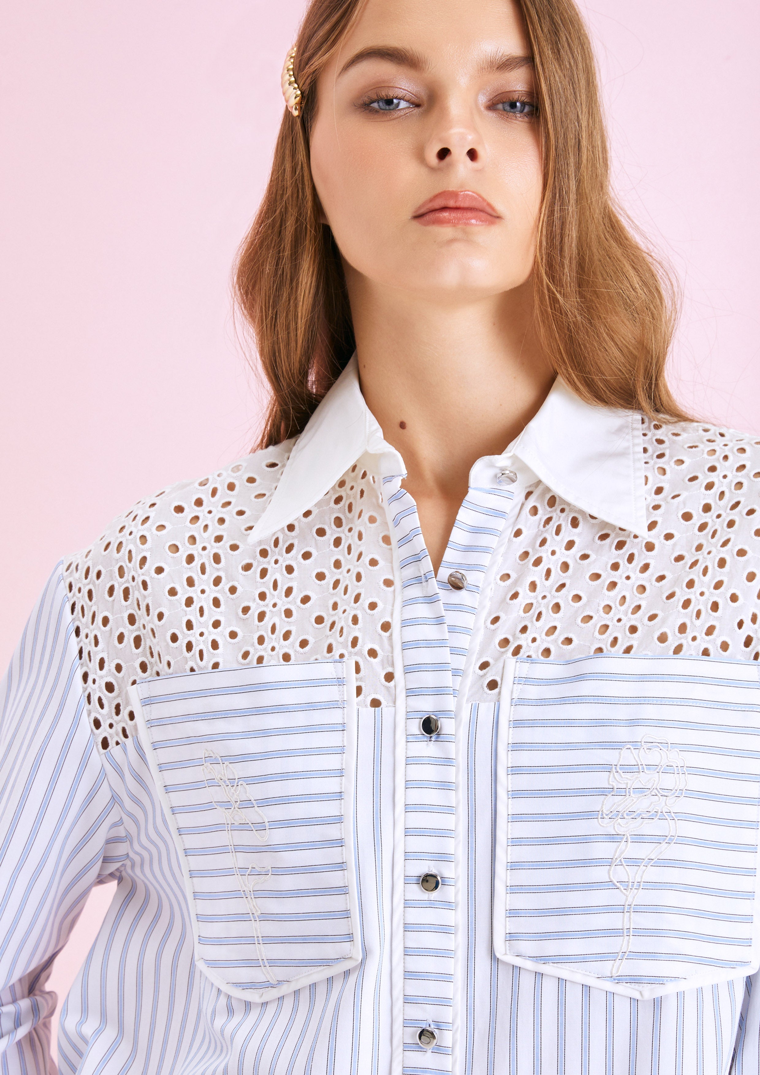 Broderie Anglaise Striped Long Sleeve Shirt