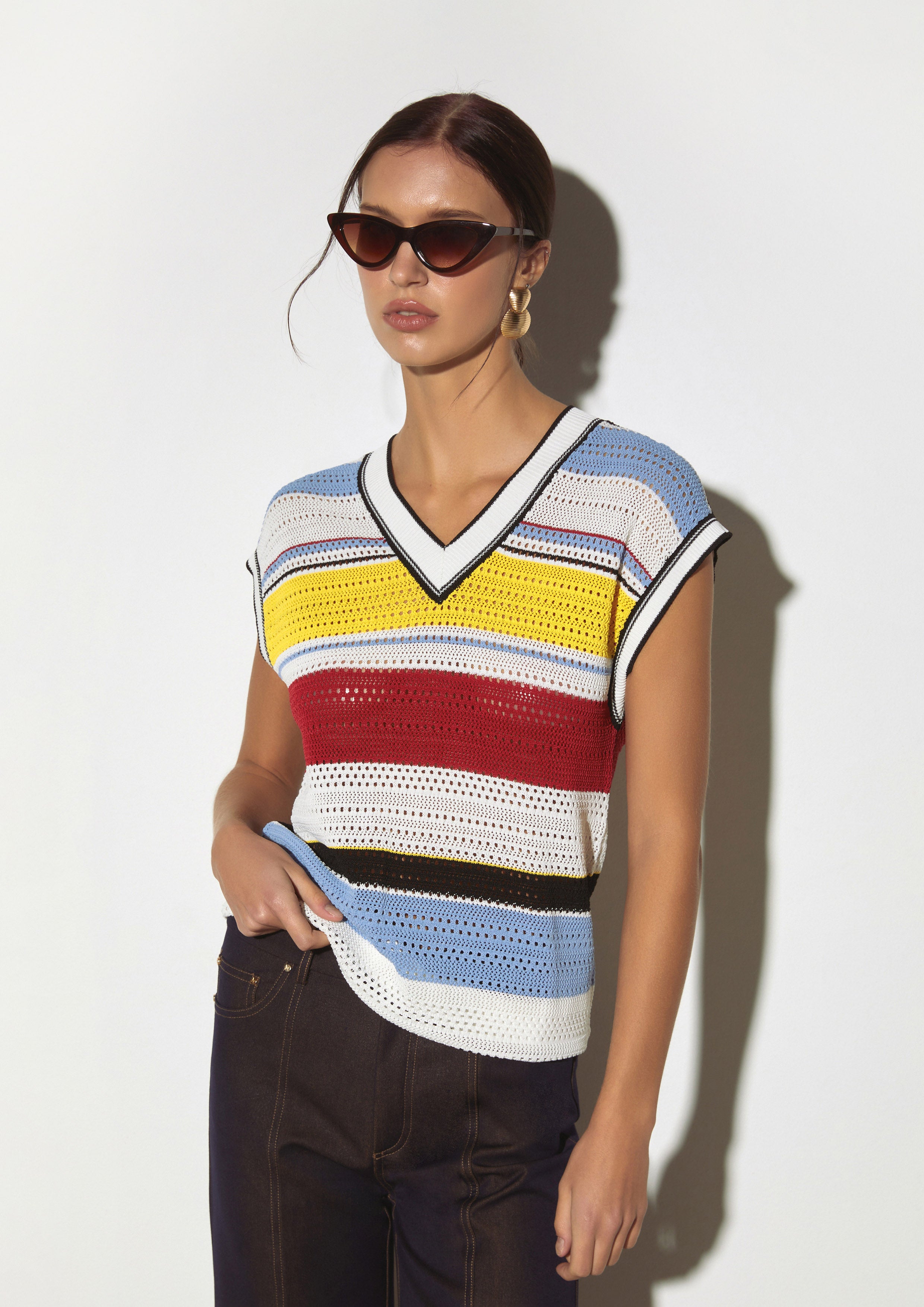 Multicolour Stripe Knit V-Neck Top